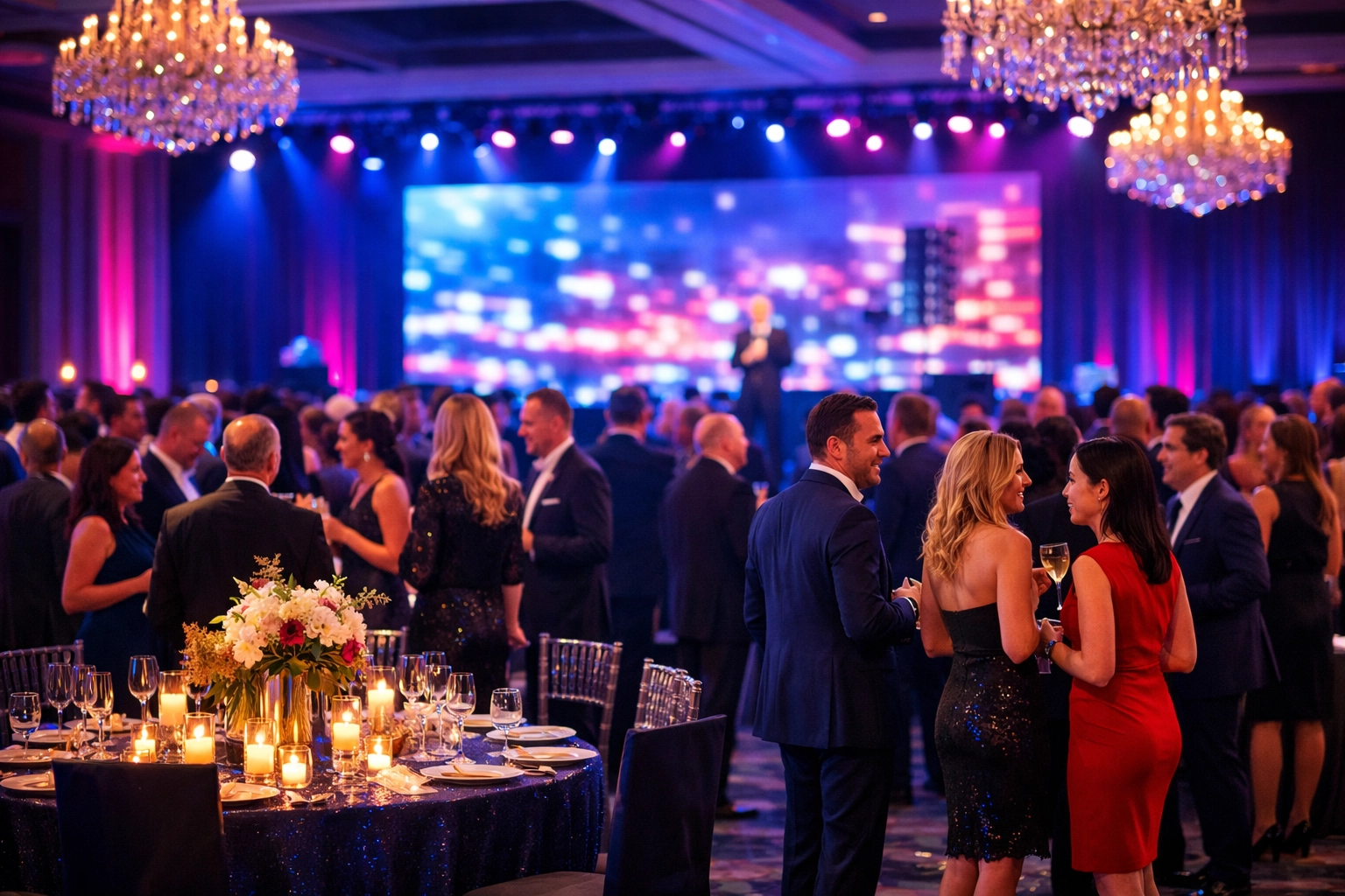 Corporate event photographer capturing a high-end gala in a luxury Miami ballroom with professional lighting.