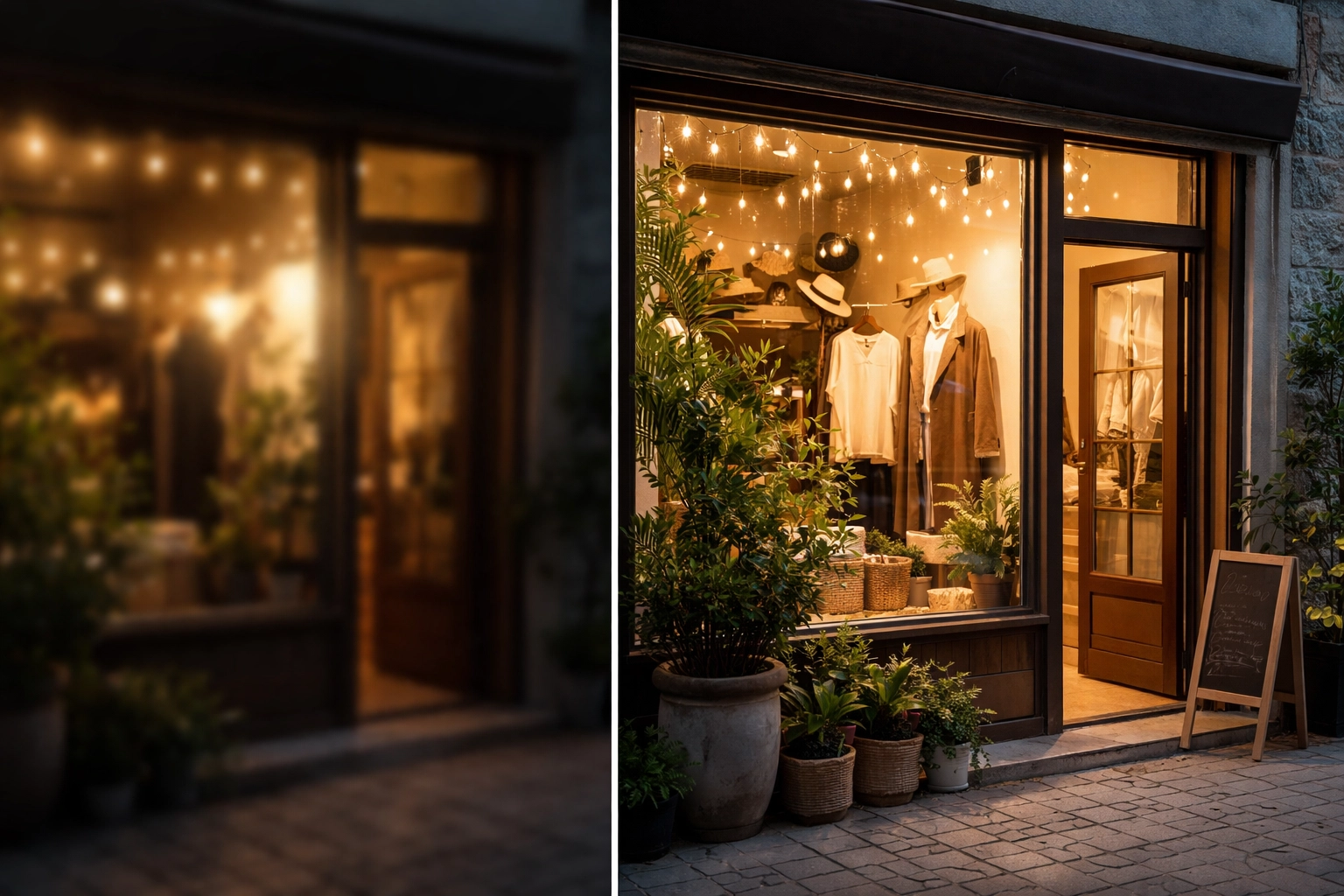 Realistic split-scene photo comparing a dim/blurry storefront photo vs a bright/crisp storefront photo (no text).