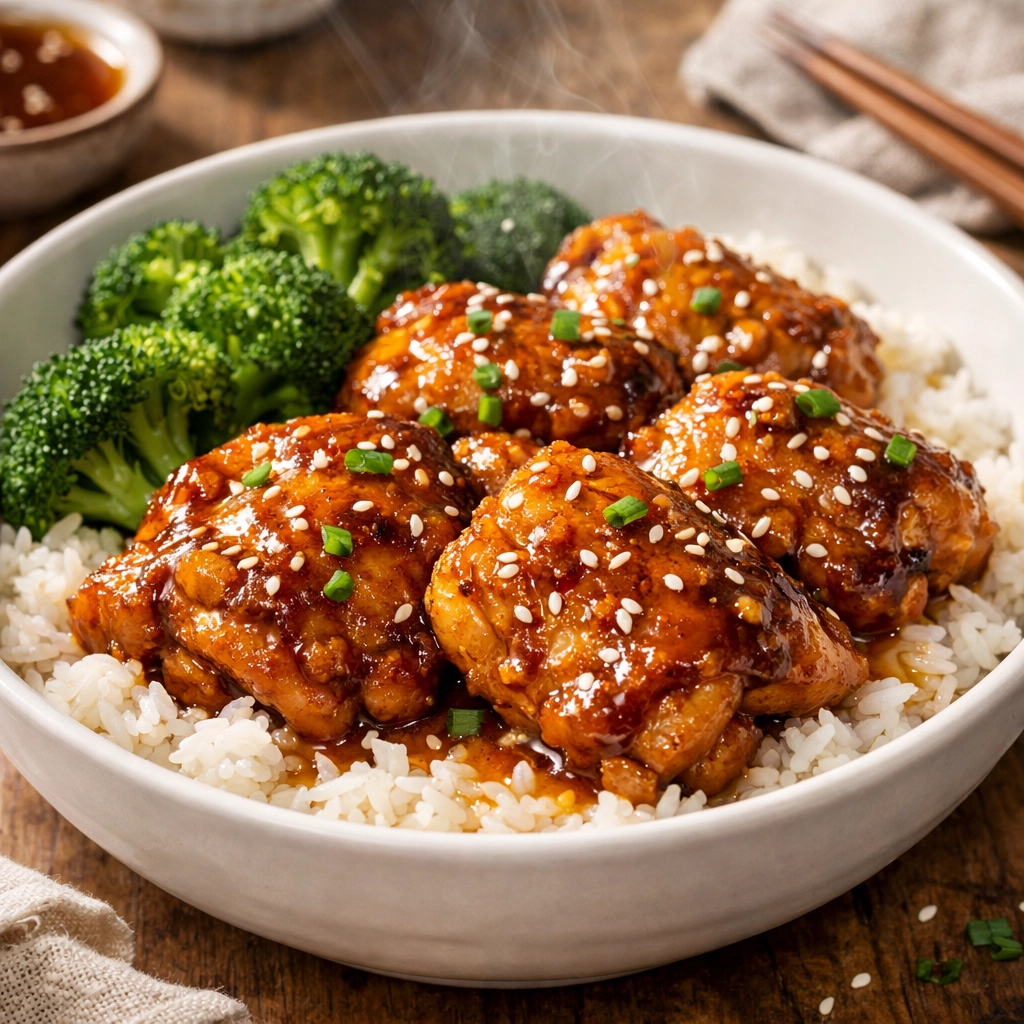 Glazed honey garlic chicken with broccoli and rice, an easy 5-ingredient family meal.