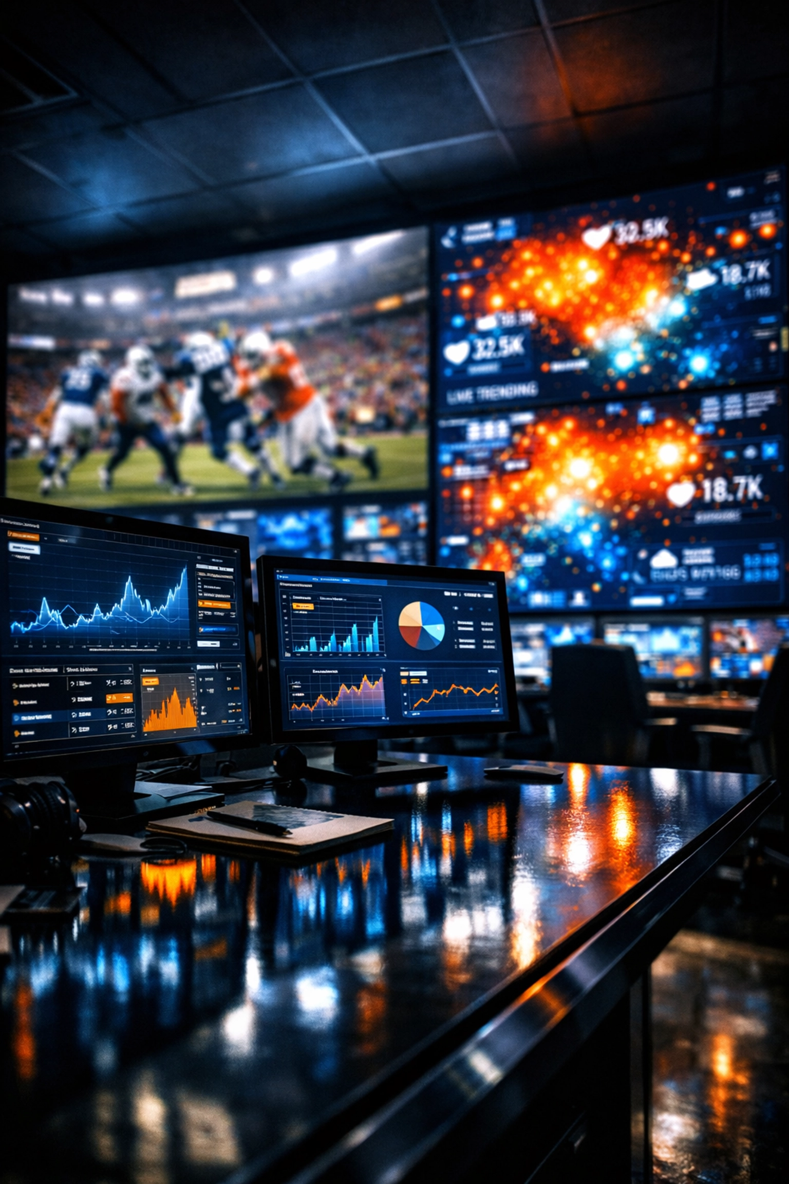 High-tech sports marketing analytics room monitoring real-time digital data and Super Bowl advertising ROI.