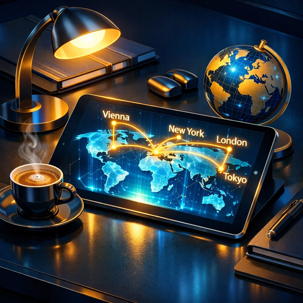 Global time zone map on a tablet showing office coordination between Vienna and major international cities.