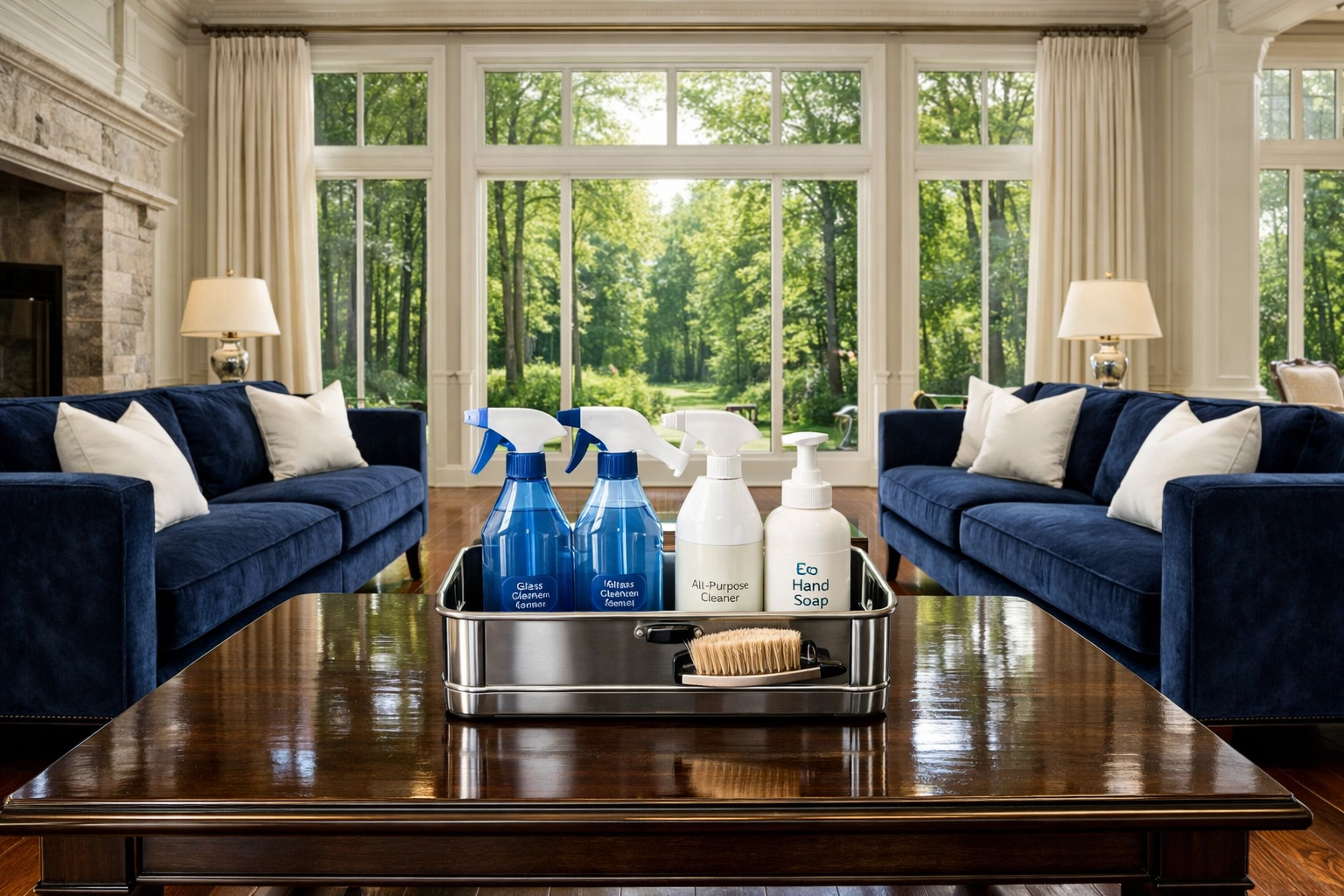 Luxury Sudbury living room with eco-friendly cleaning supplies applying Sudbury luxury cleaning secrets.