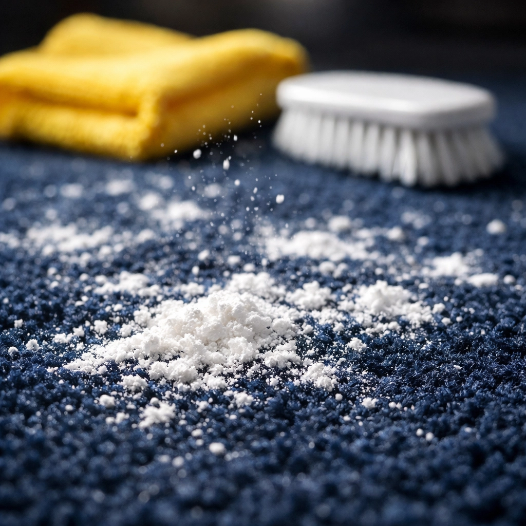 Applying cornstarch powder to carpet fibers to absorb grease stains with professional cleaning tools.