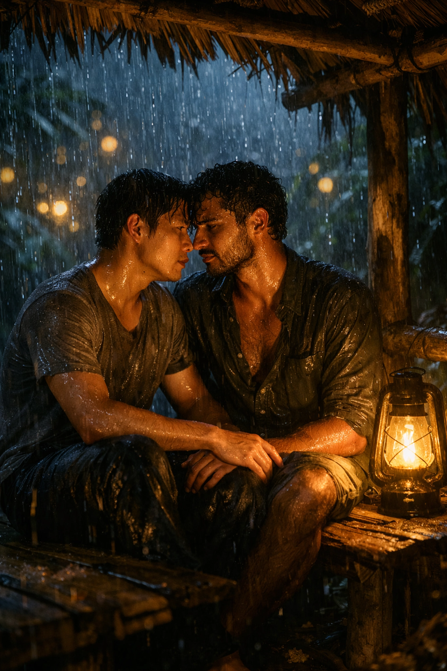 Gay couple takes shelter during Amazon rainstorm in intimate MM romance moment
