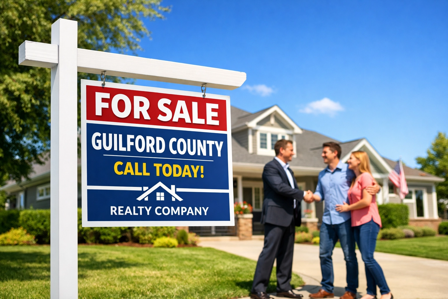For sale sign in a Guilford County yard with a couple closing a successful home sale.