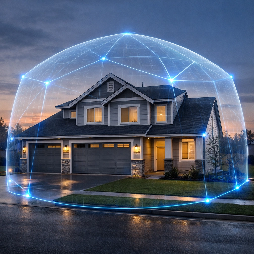 A family home protected by a blue digital shield, representing asset armor and long-term financial security.