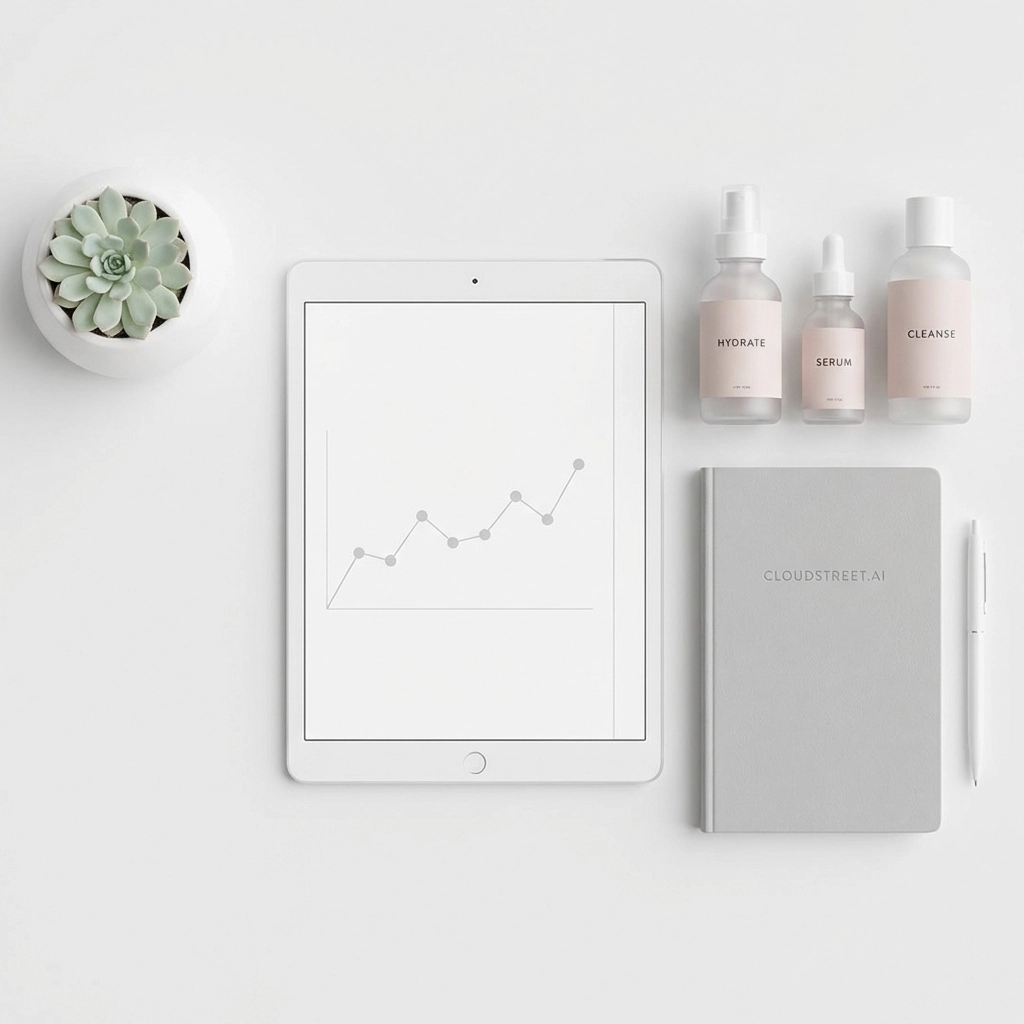 Modern skincare business workspace showing analytics, product organization, and digital transformation tools