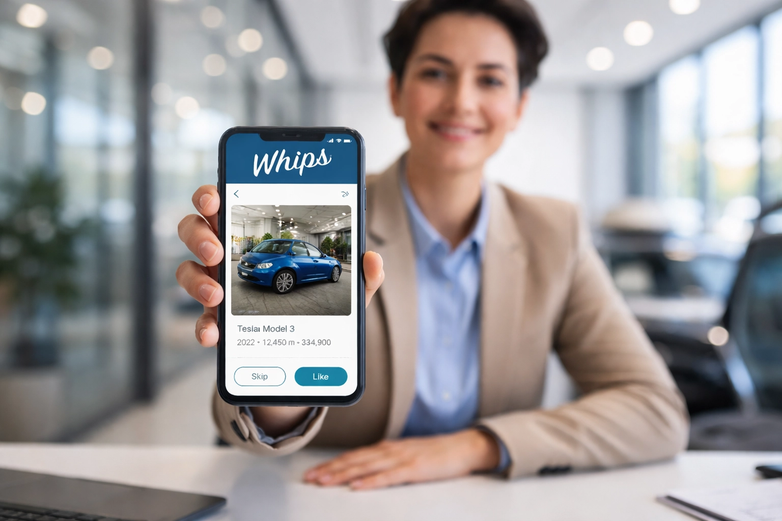 Frustrated car salesperson at dealership desk worried about losing a car buyer lead due to slow, generic responses.