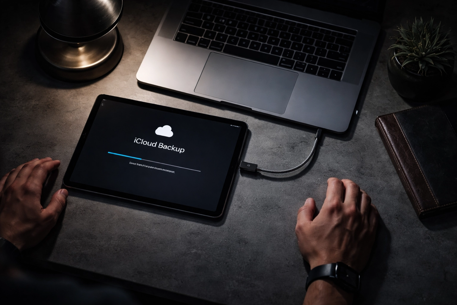 Overhead view of iPad connected to MacBook during iCloud backup, essential step in iPad repair Brooklyn process.
