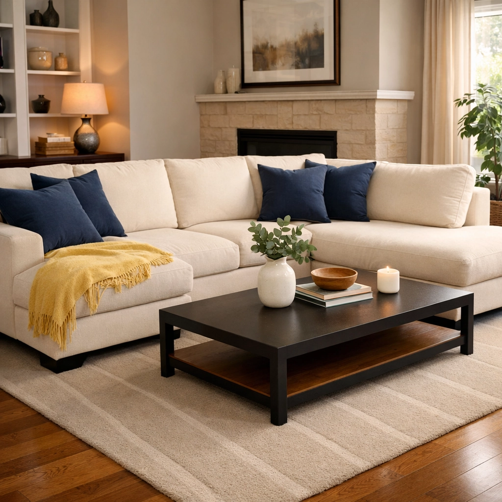 Immaculate living room with crisp vacuum lines showcasing professional house cleaning services in Leominster MA.