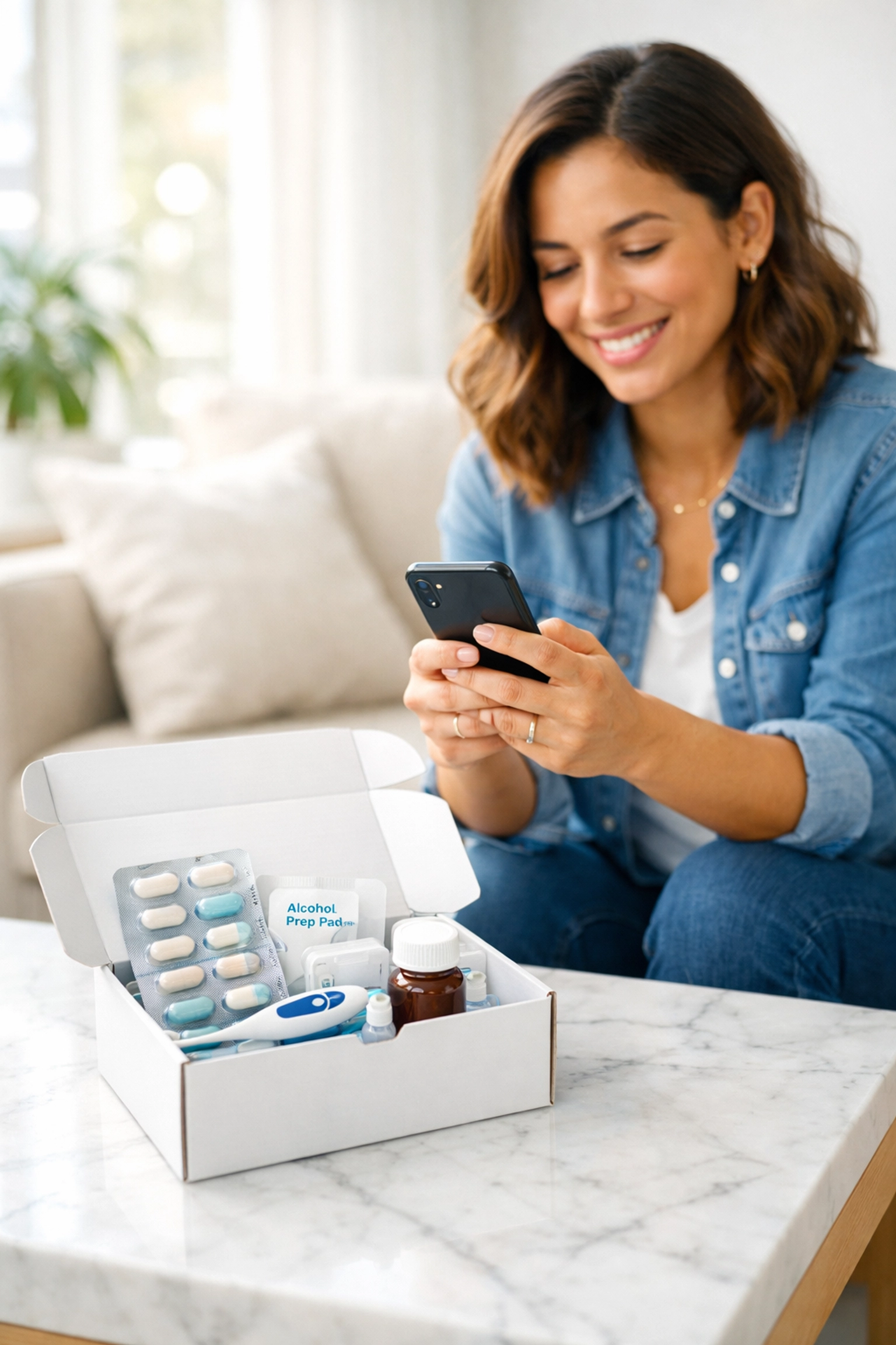 A woman using her phone next to an online medical weight loss prescription box delivered to her home.