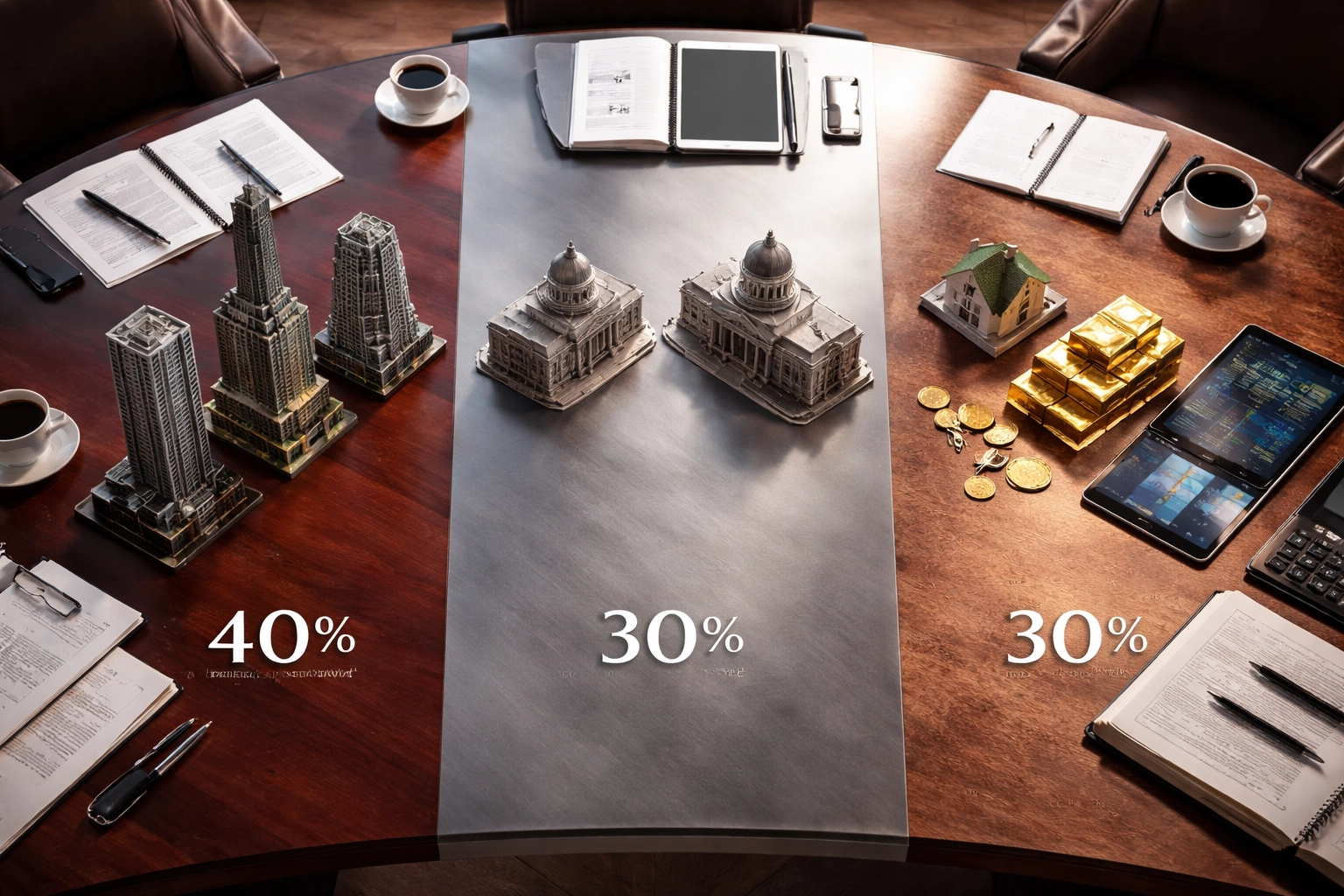 Modern conference table divided in three represents 40/30/30 allocation: equities, fixed income, and alternative investments.
