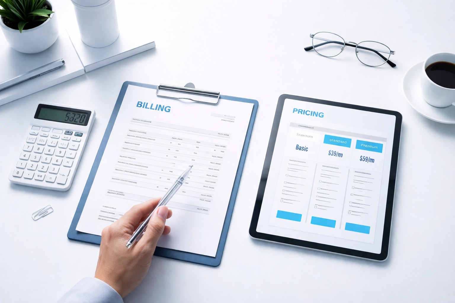 Top-down view of billing documents and pricing details on an office desk, representing clear SaaS billing and payment transparency