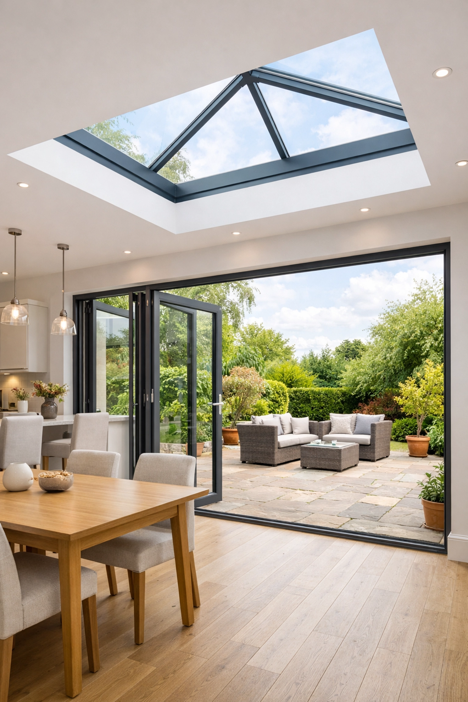 Interior of a kitchen-diner extension with aluminum bi-fold doors and a glass roof lantern for natural light.