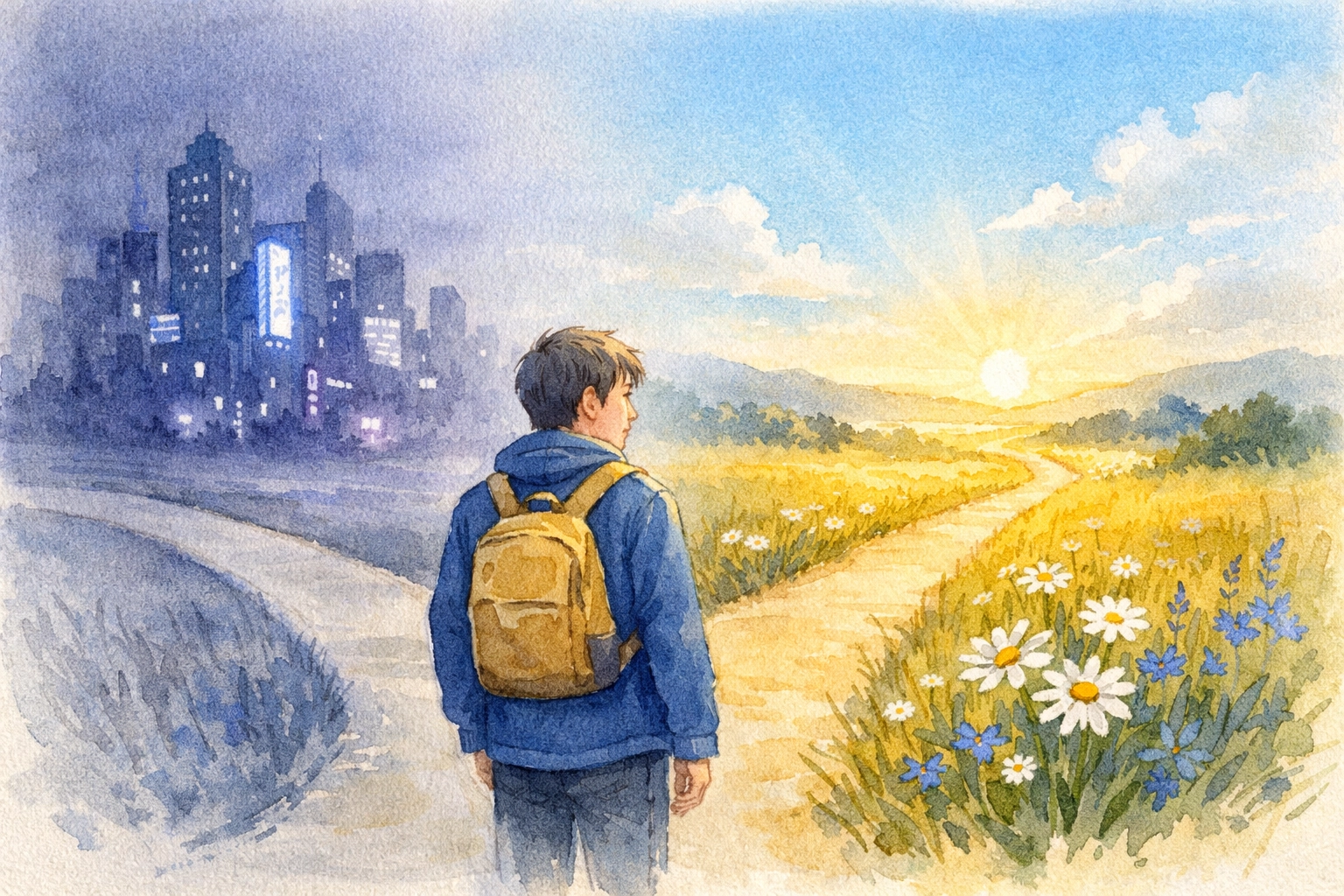 Person at crossroads choosing between past temptations and path of integrity