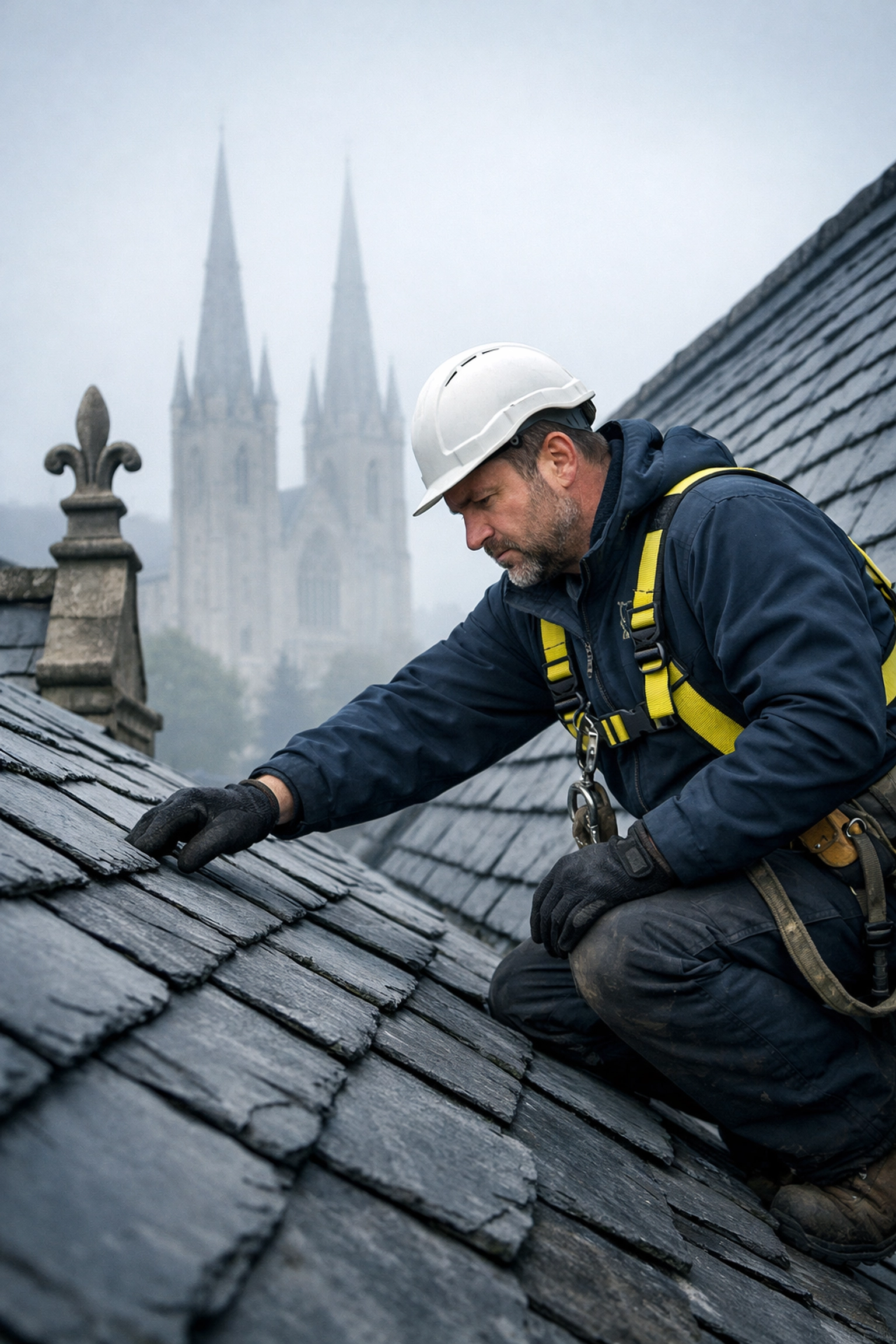 Professional roofer conducting roof survey on historic Victorian slate roof in Armagh