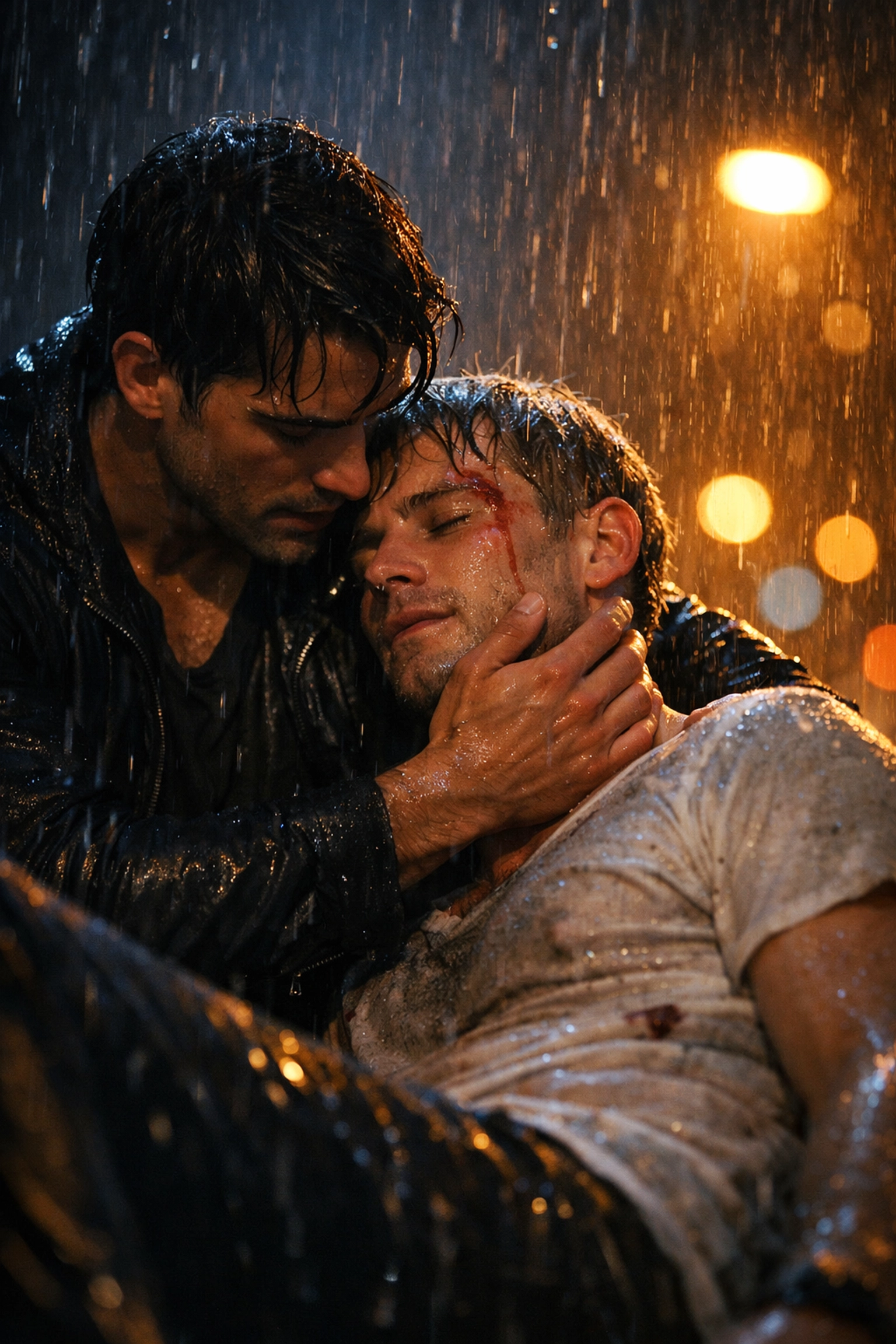 Two men meeting during rainstorm accident - MM romance hurt/comfort rescue scene