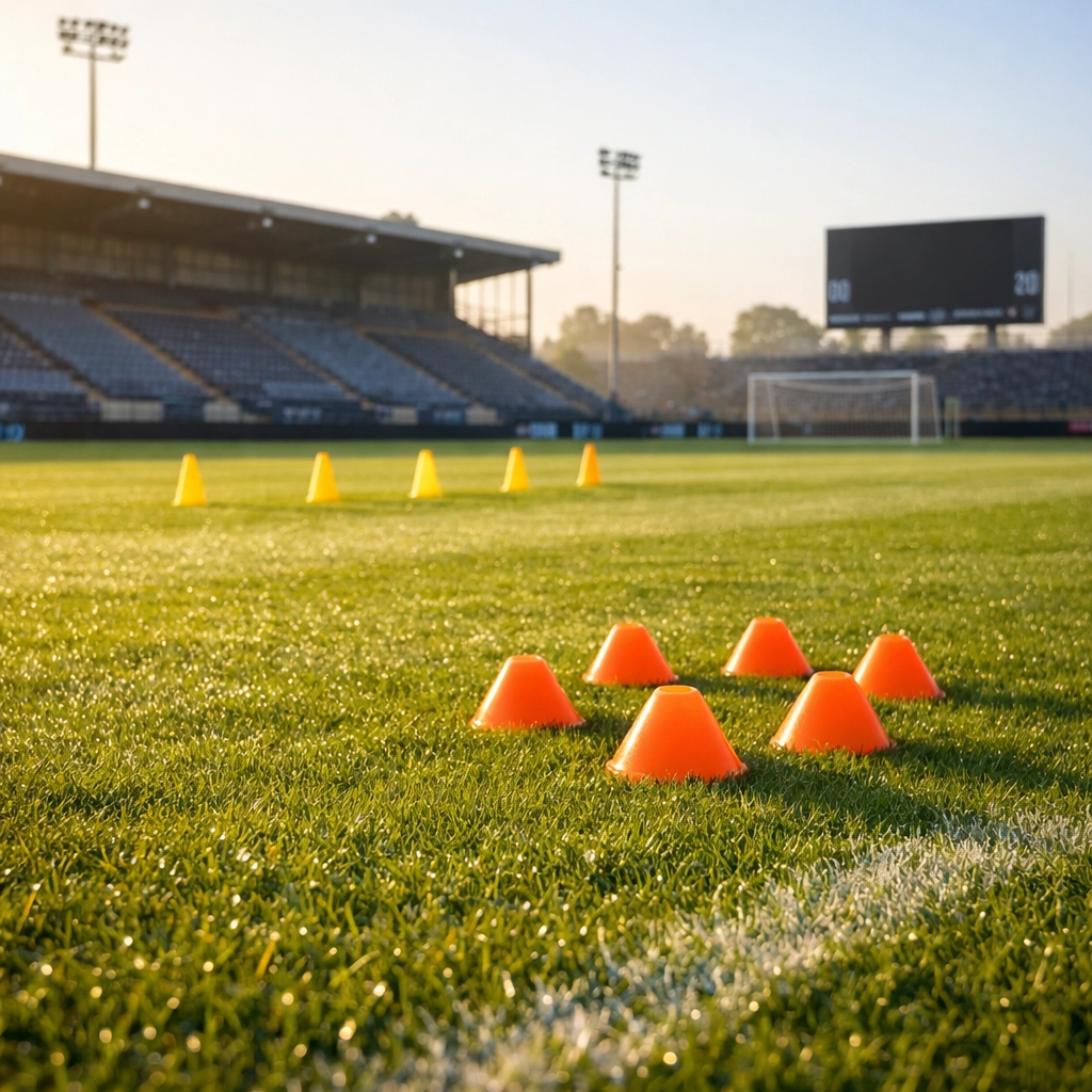 Football training ground with tactical cones at morning, preparing for match day betting analysis