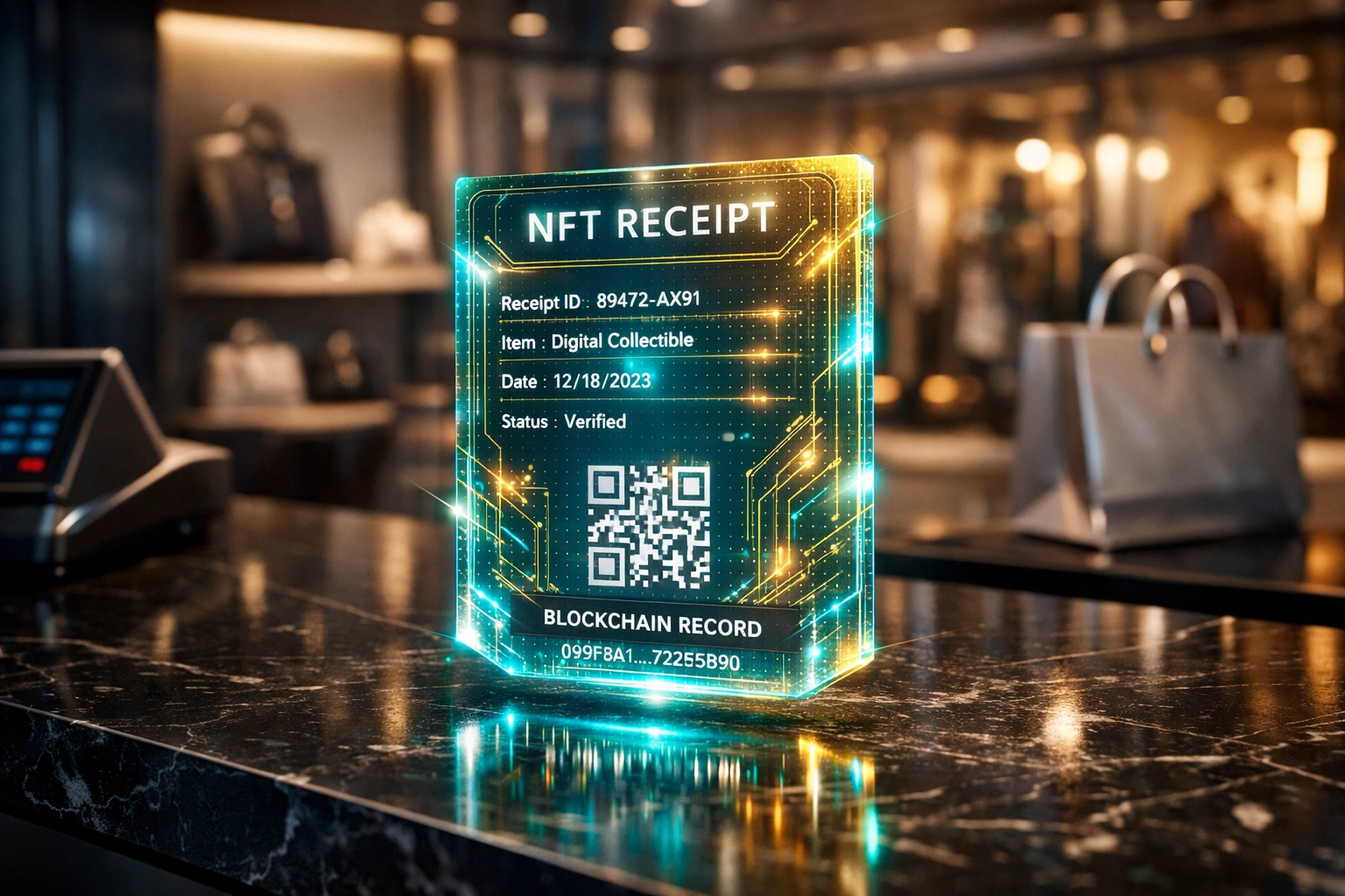 Secure NFT receipt for business accounting floating at a modern retail crypto POS system checkout.