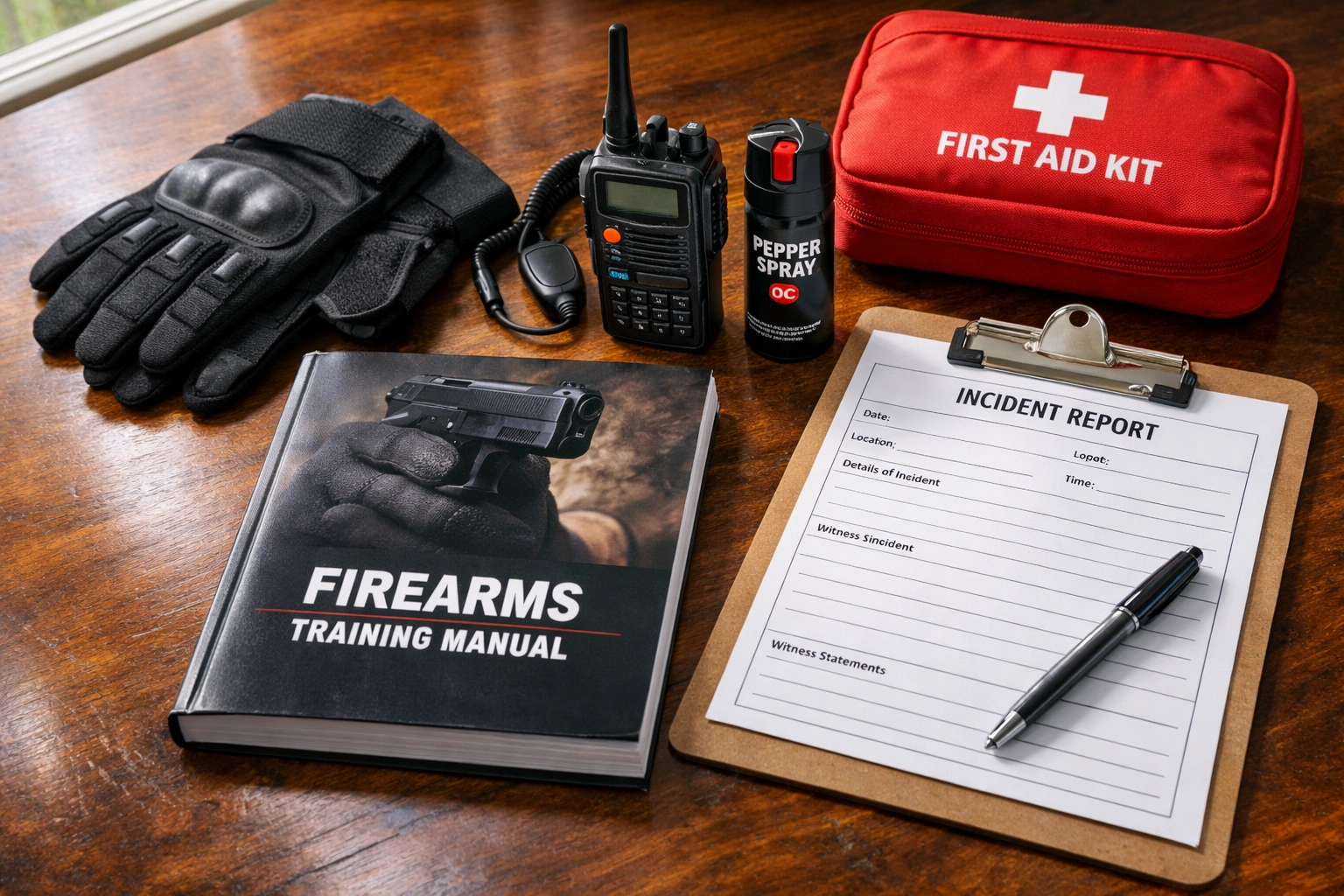 Security guard training equipment and materials on desk