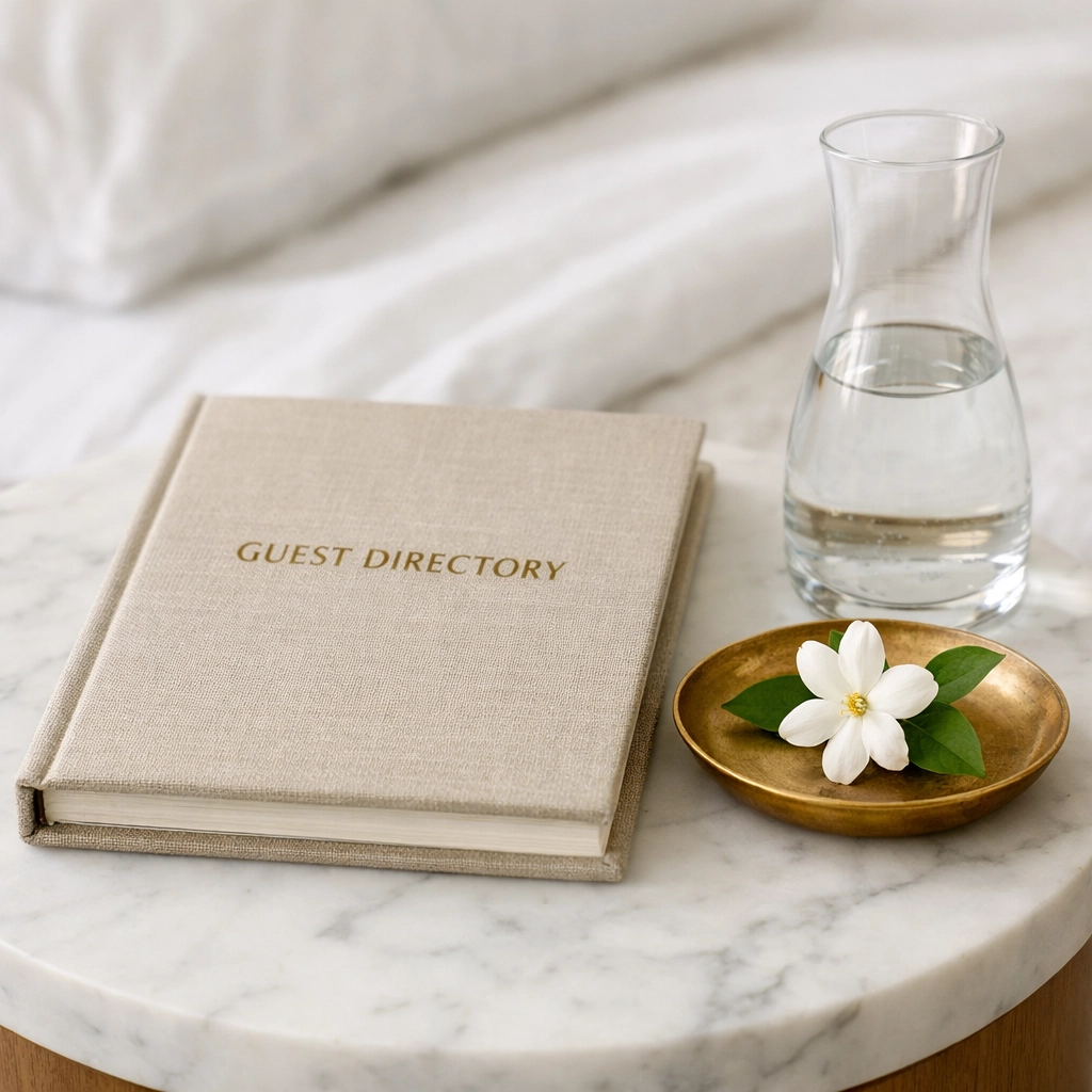 A guest directory and jasmine flower on a bedside table, showing bespoke boutique hotel service design.