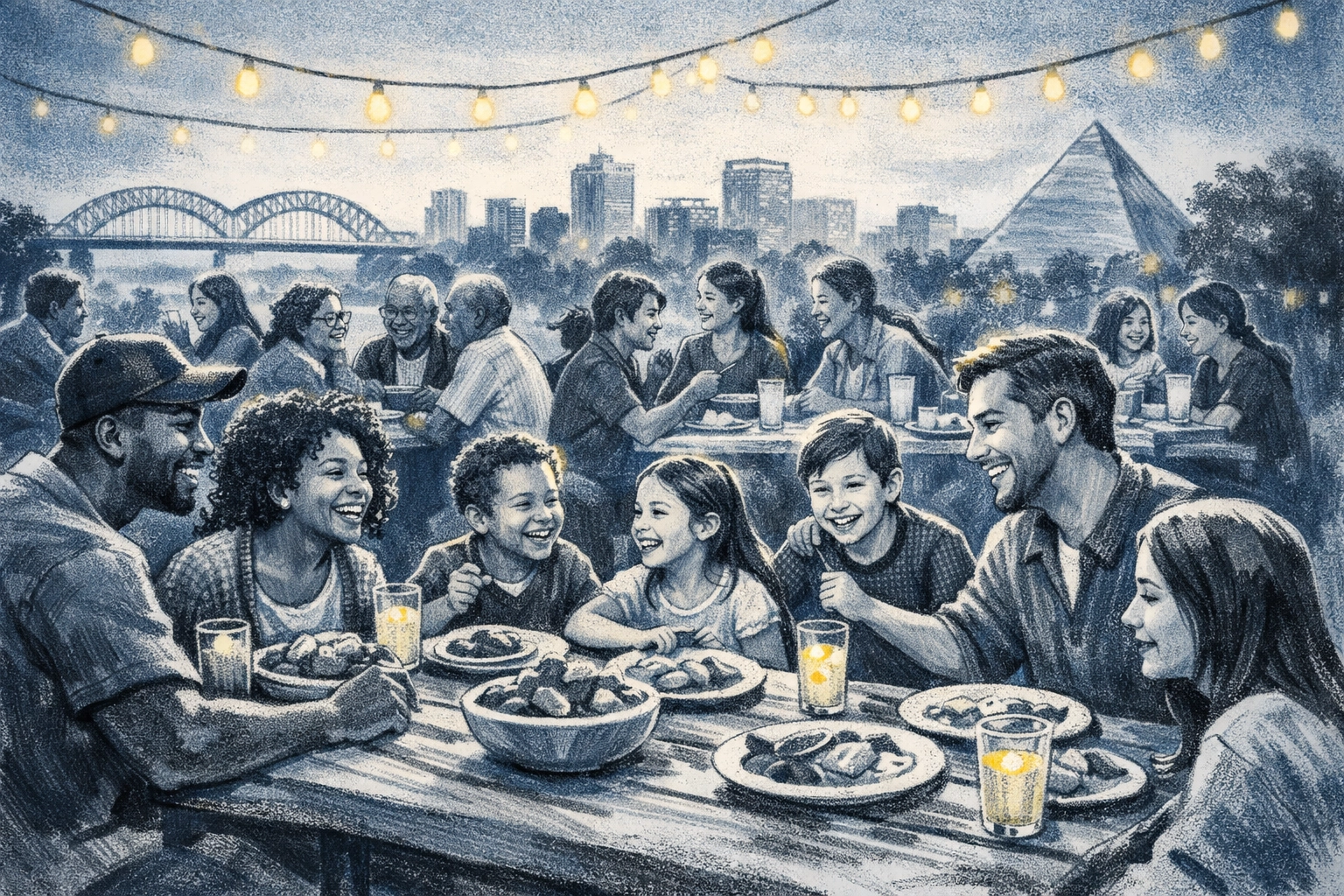 Diverse Memphis families sharing dinner together at Wednesday night church fellowship