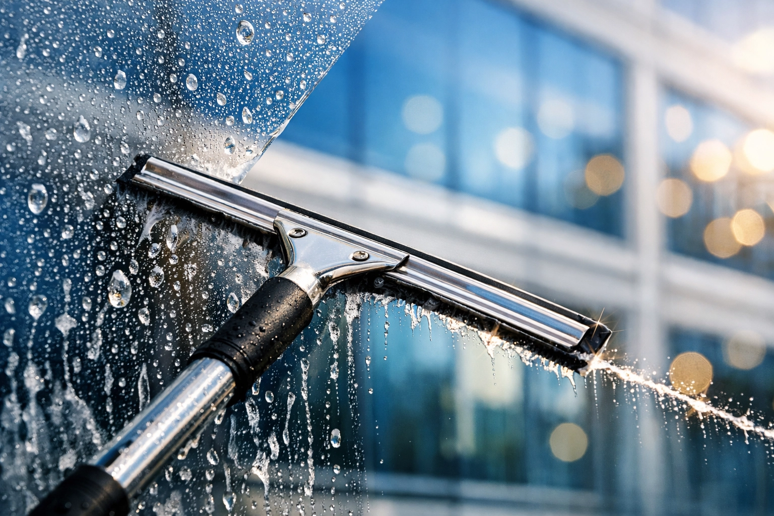 A professional squeegee cleaning a commercial glass window for a streak-free finish.
