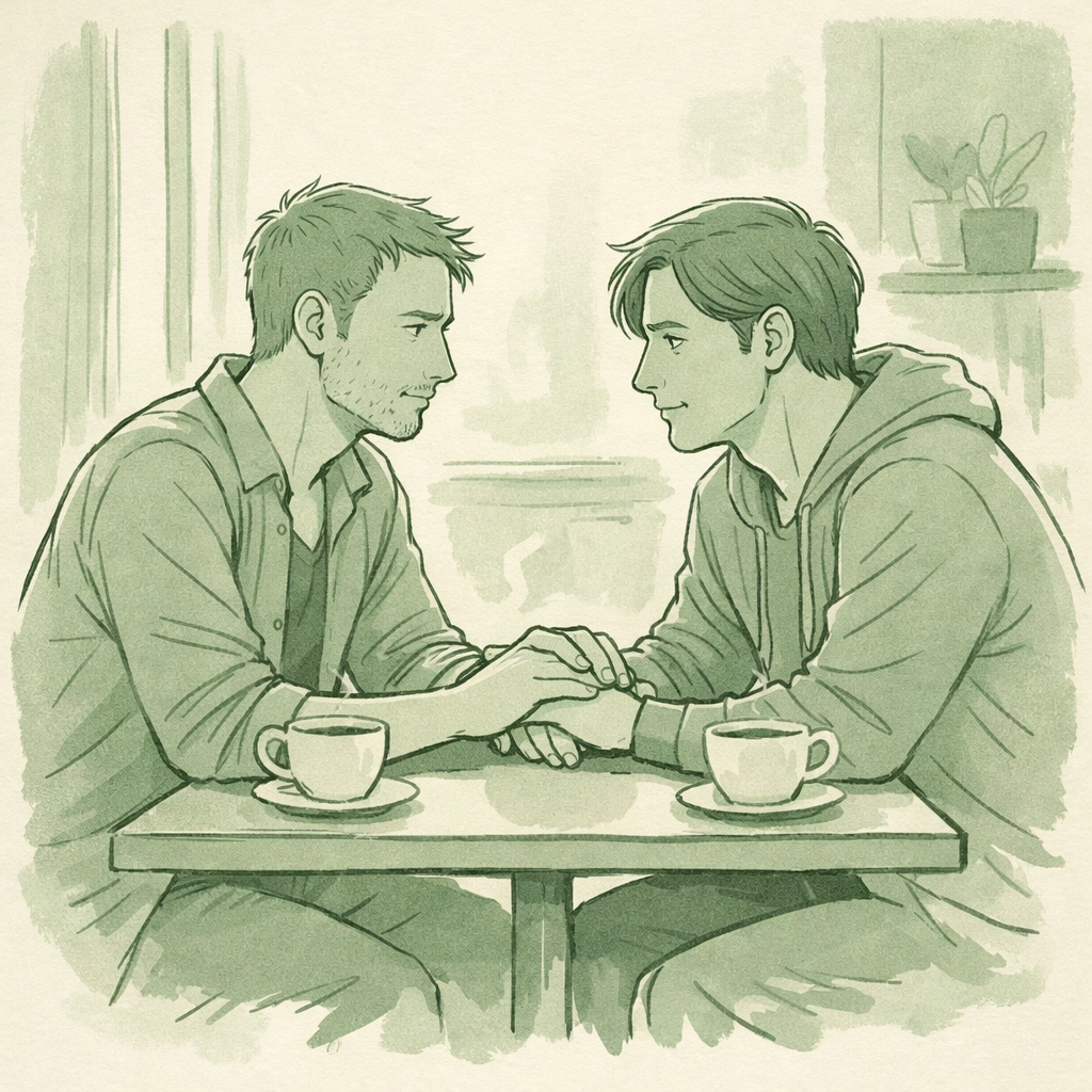 Two men in intimate conversation holding hands - authentic gay romance representation