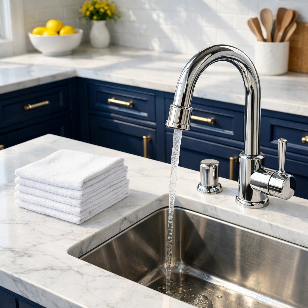 Professional deep cleaning Westford kitchen with organized cloths and spotless marble countertops.