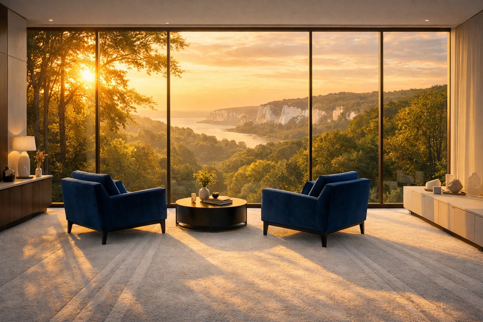 Clean master suite lounge with freshly vacuumed carpets highlighting residential cleaning in Massachusetts.