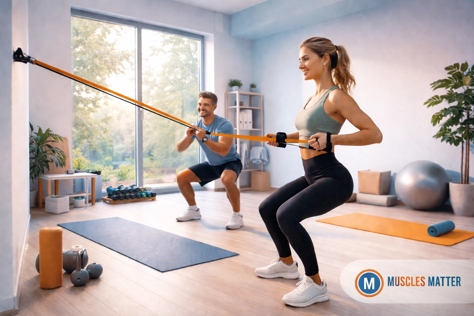 Man doing bodyweight squats and woman using resistance bands in bright home gym, showing online coaching workouts.