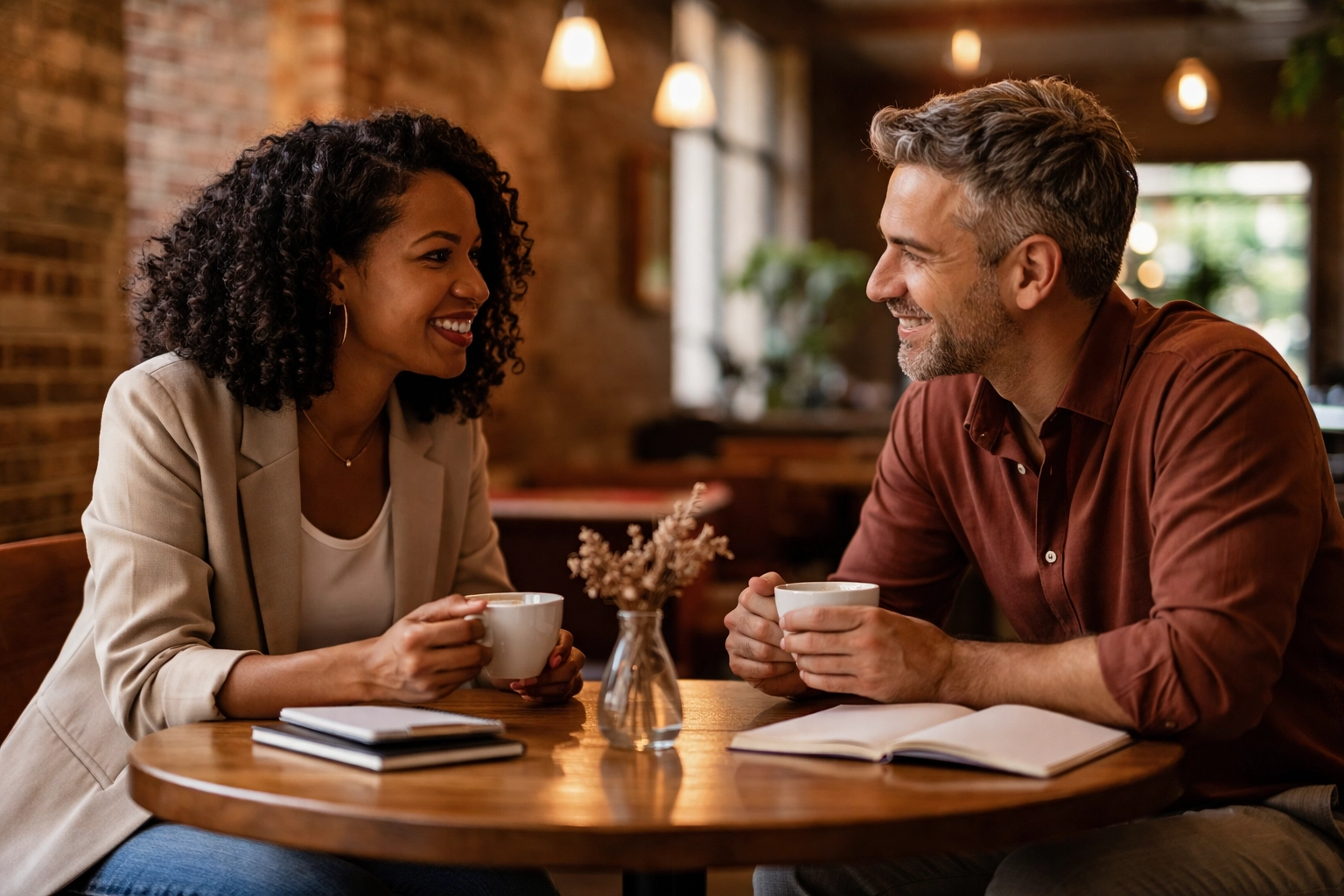 Two startup founders share supportive conversation over coffee, highlighting the value of peer support for founder mental health.
