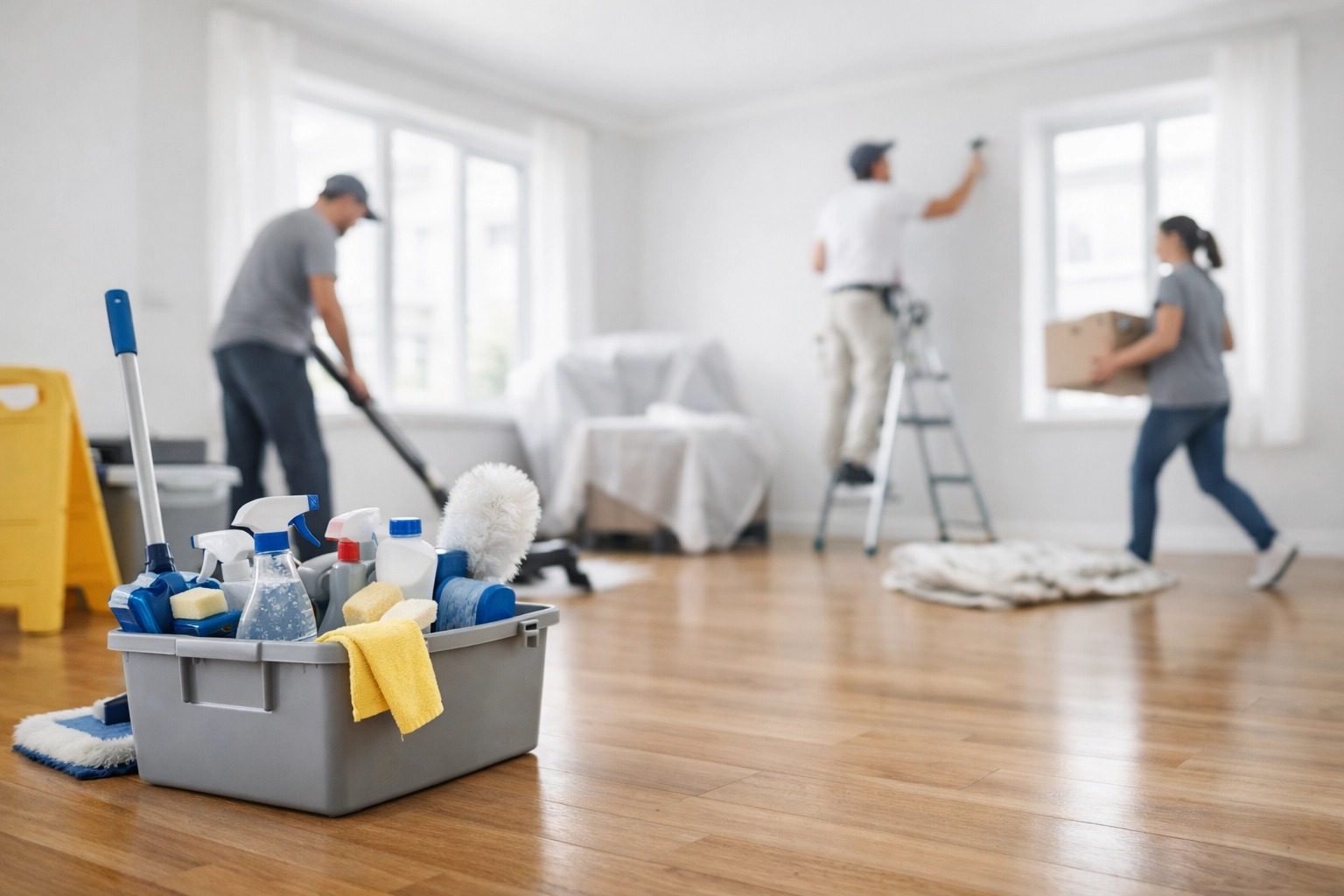 Empty apartment unit during coordinated make-ready process with organized cleaning supplies