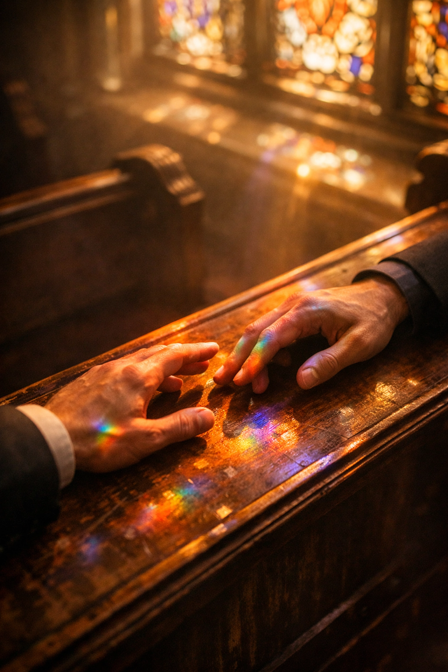 Two men's hands nearly touching on church pew bathed in rainbow stained glass light