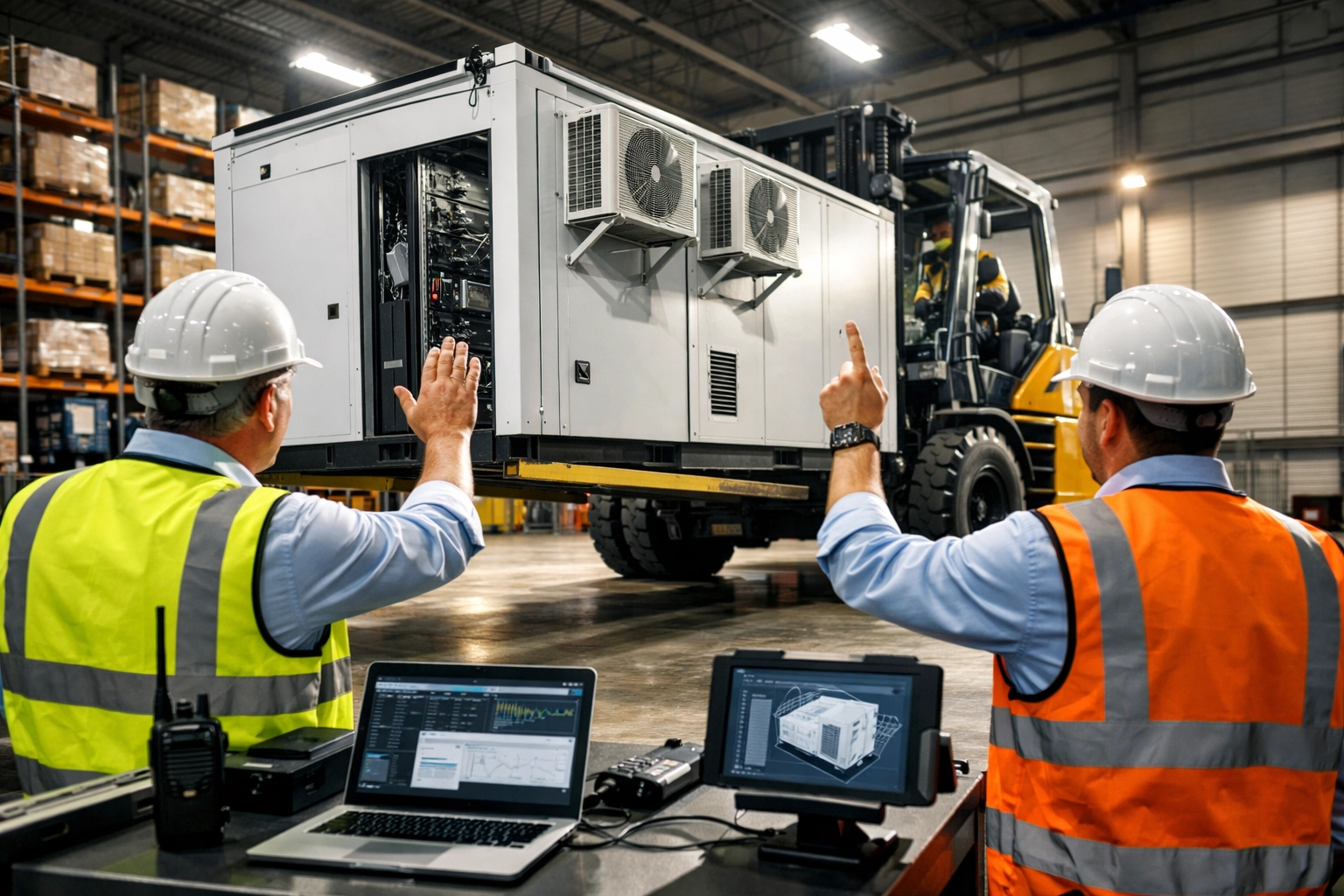 Logistics professionals coordinating pod infrastructure deployment in modern distribution facility