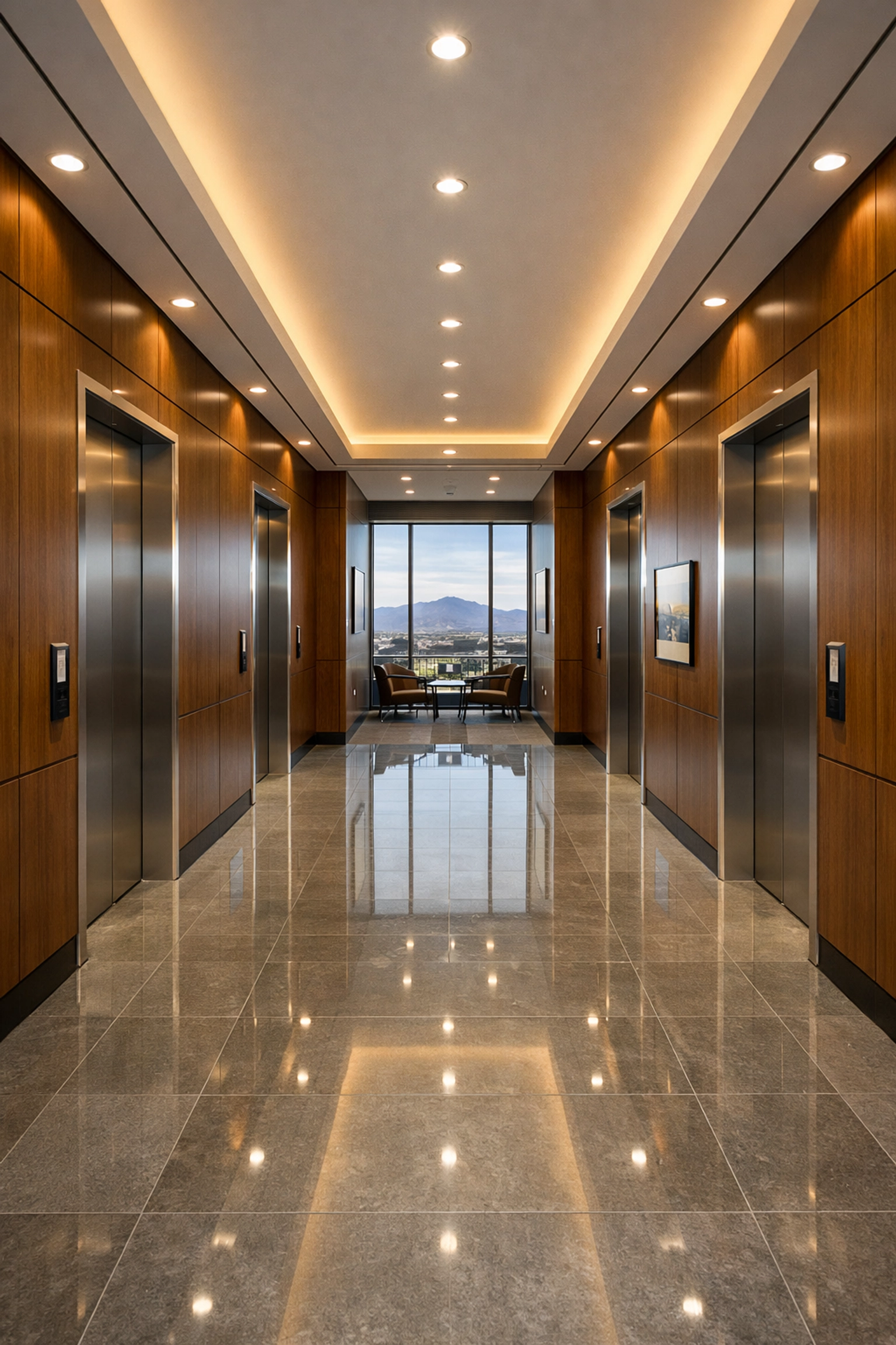 Symmetrical corporate hallway in Tempe showing high-quality professional floor care and maintenance.