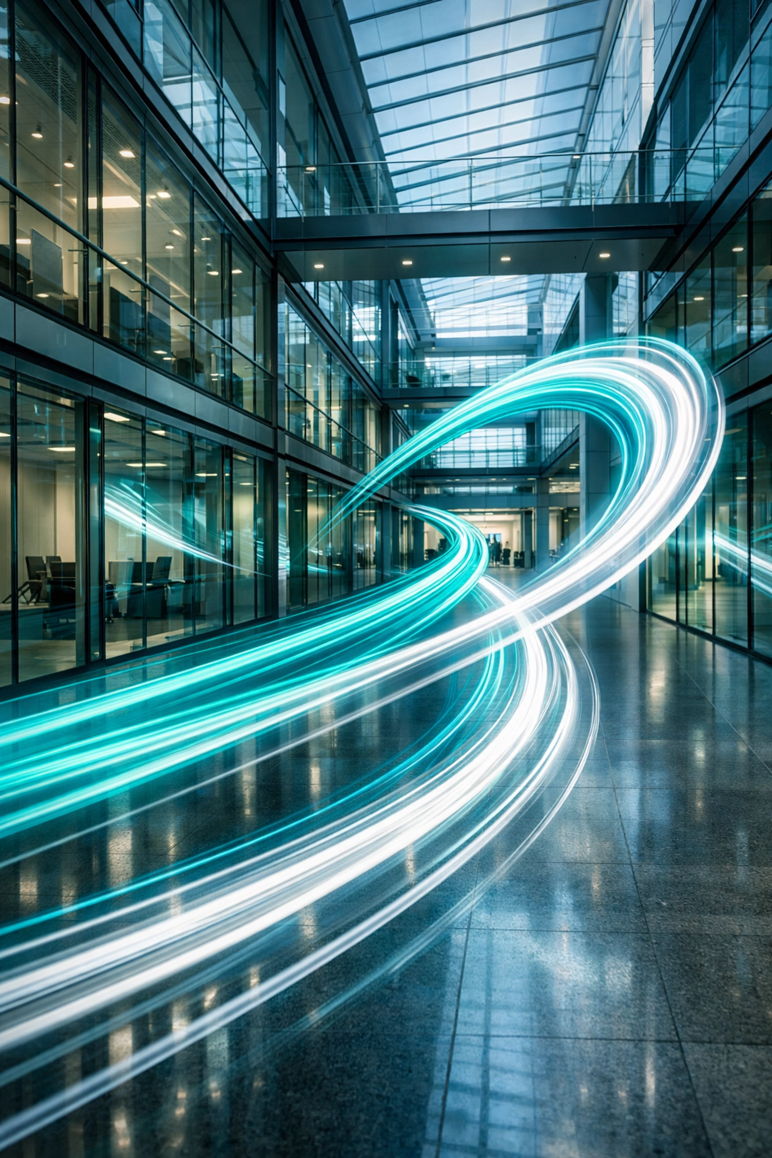 Teal light trails in a modern corporate space representing decision velocity and agile strategic execution.