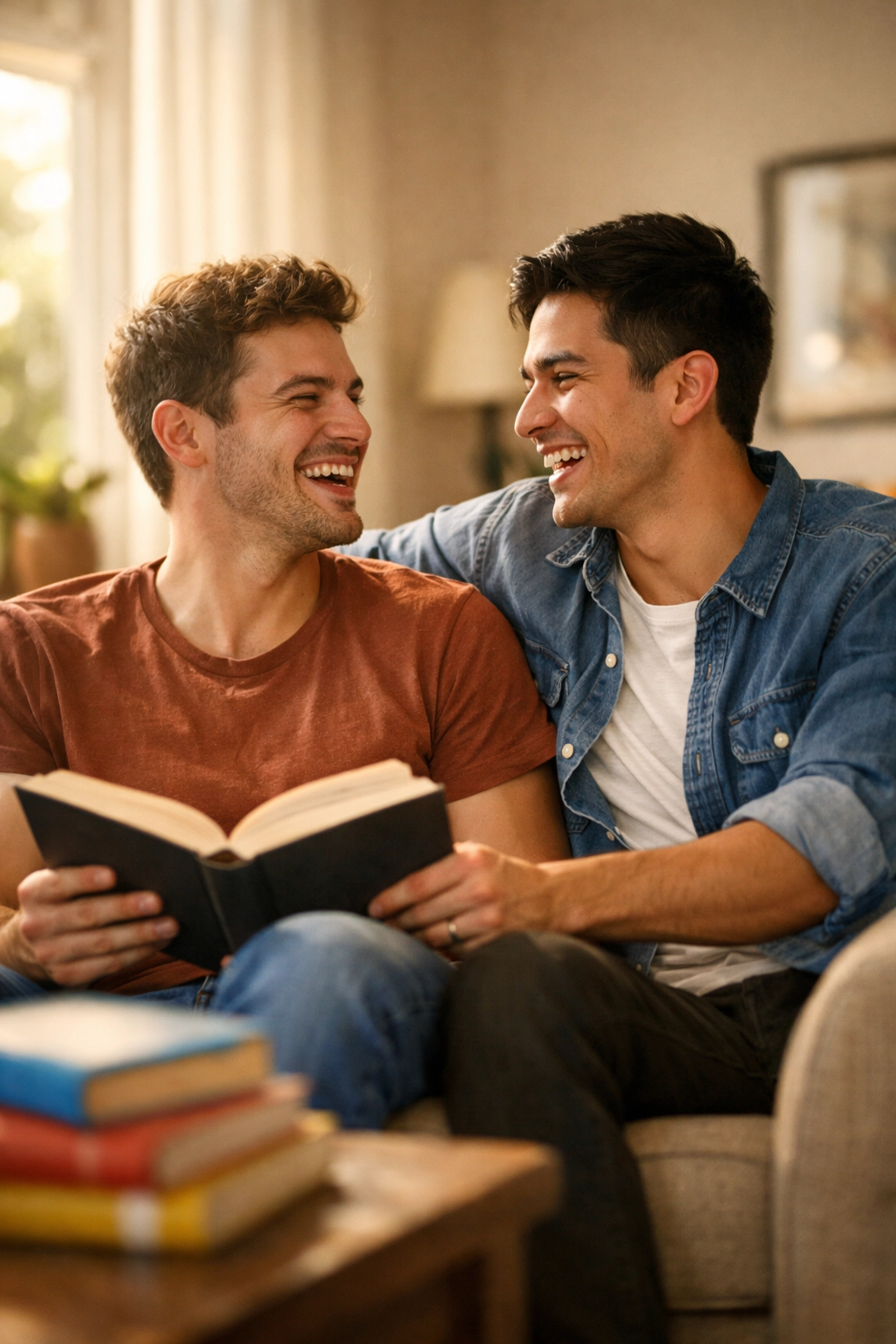 Gay couple connecting over MM romance books in authentic moment together