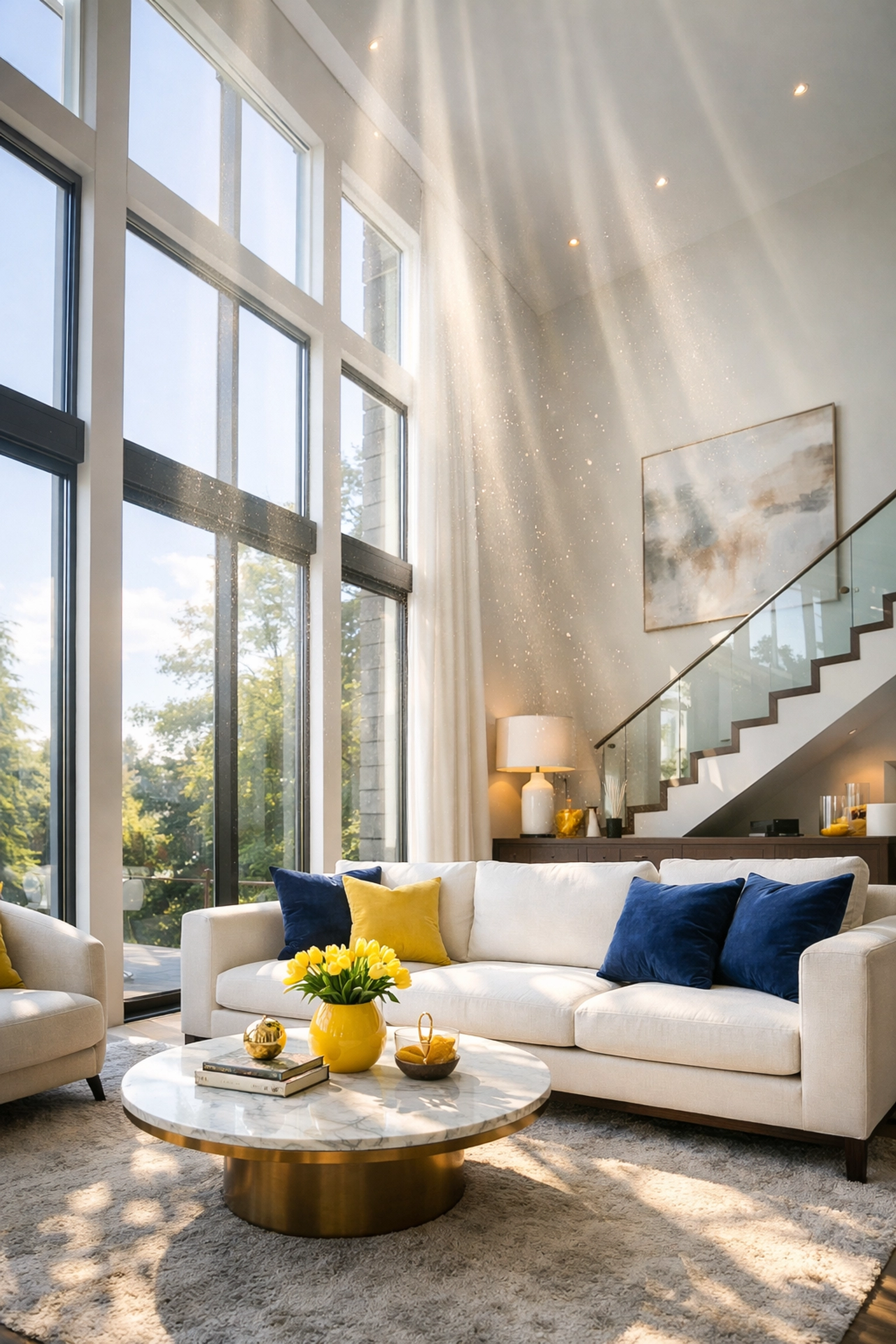 Construction dust in a modern living room with high ceilings highlighting the top-down method.