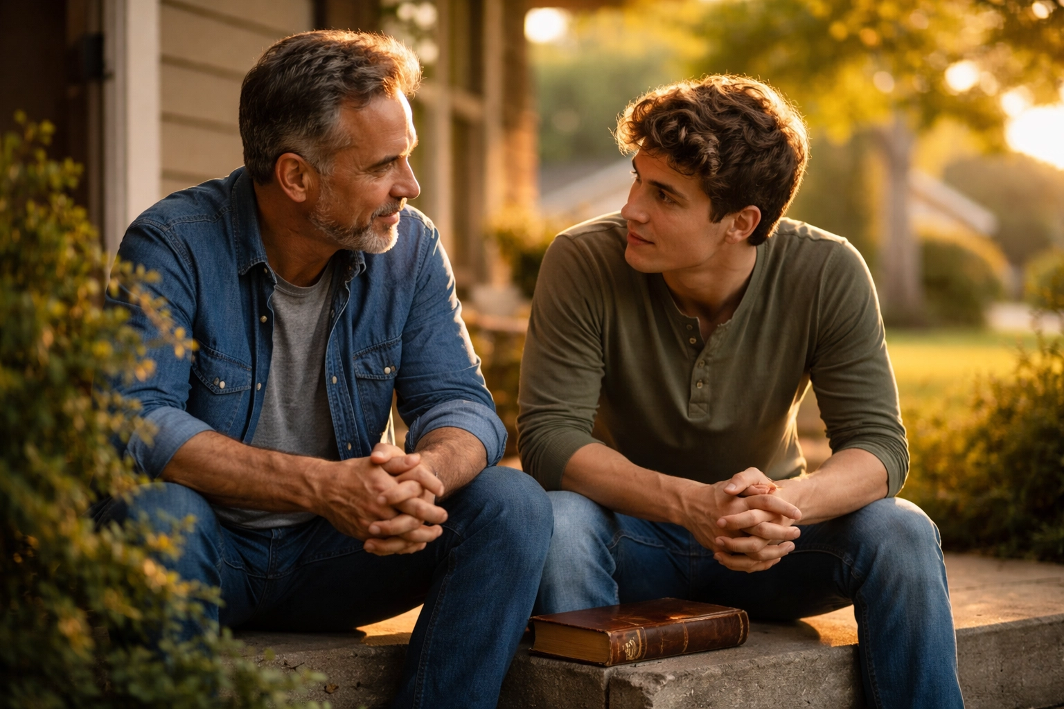 Mentor and young adult discussing faith and discipleship on a sunlit porch, highlighting personal investment in spiritual growth.