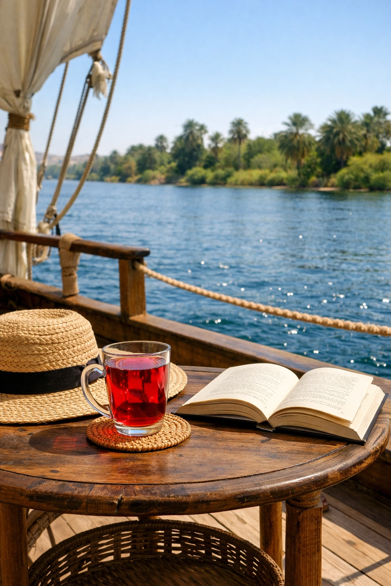 Quiet luxury on a traditional Dahabiya sailing boat deck along the Nile River.