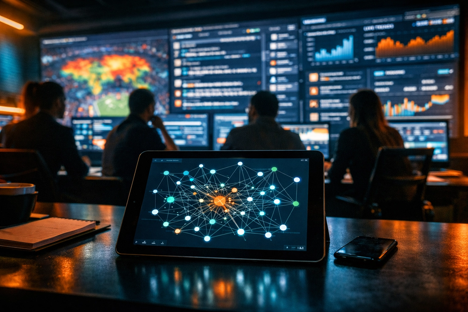 Digital marketing team analyzing real-time campaign metrics and brand analytics in a high-tech command center.