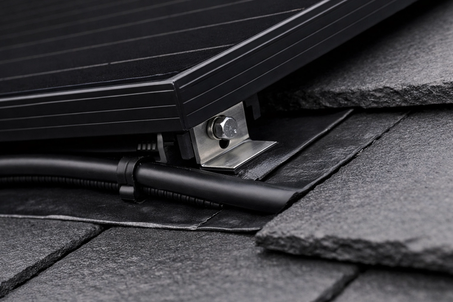 Close-up of professional solar panel mounting with weather-sealed brackets and neat wiring on a UK roof.