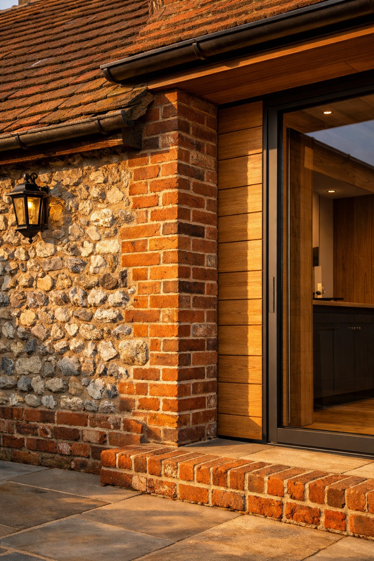 Seamless house extension finish blending traditional West Sussex flint walls with modern timber cladding.