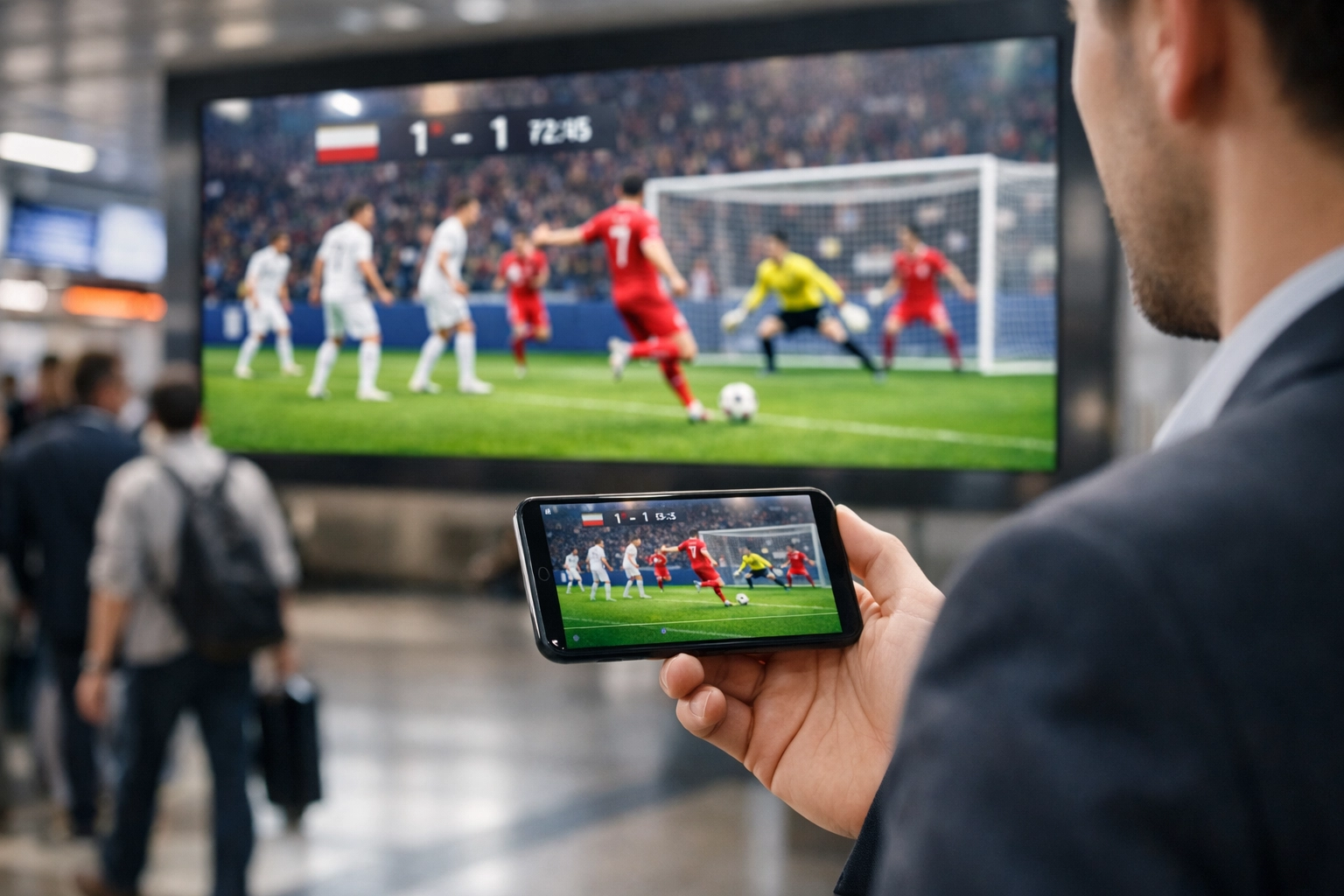 Smartphone synced with a digital billboard in a transit hub demonstrating omnichannel sports advertising.