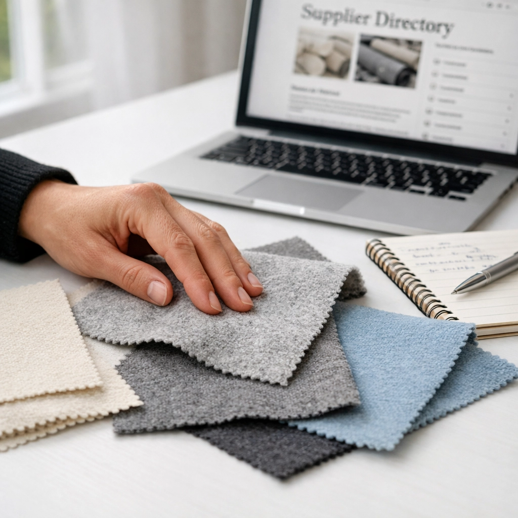 Retailer evaluating fabric samples from Australian fashion wholesalers