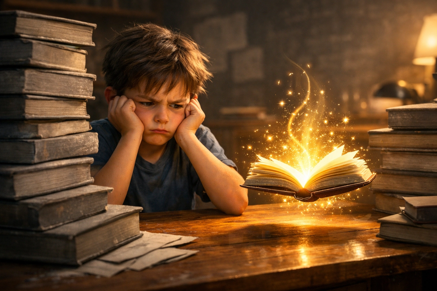 A boy looks at a glowing magical adventure book that stands out from a pile of heavy textbooks.
