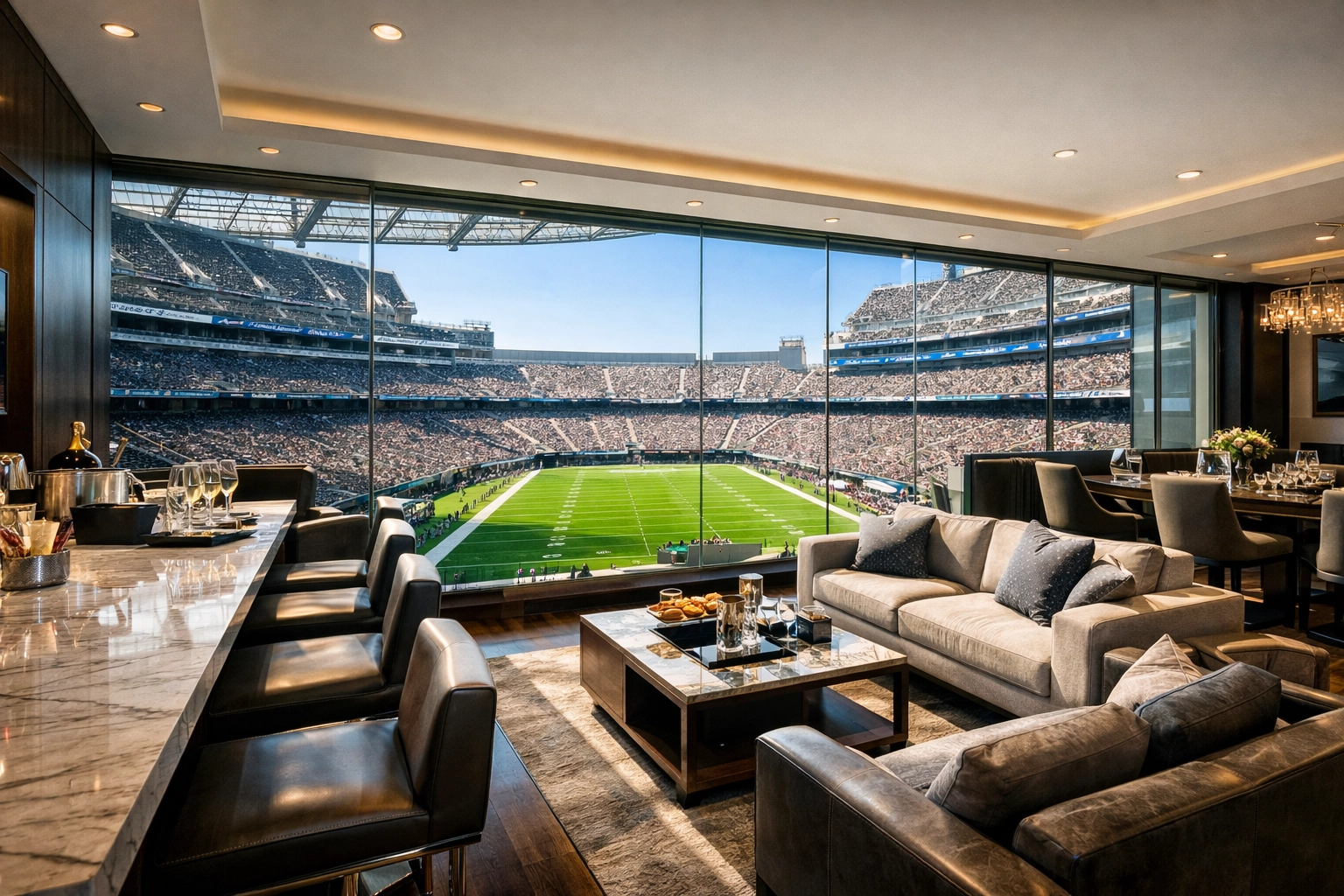 Luxury corporate hospitality suite with a view of a sun-lit Super Bowl stadium for VIP executive hosting.