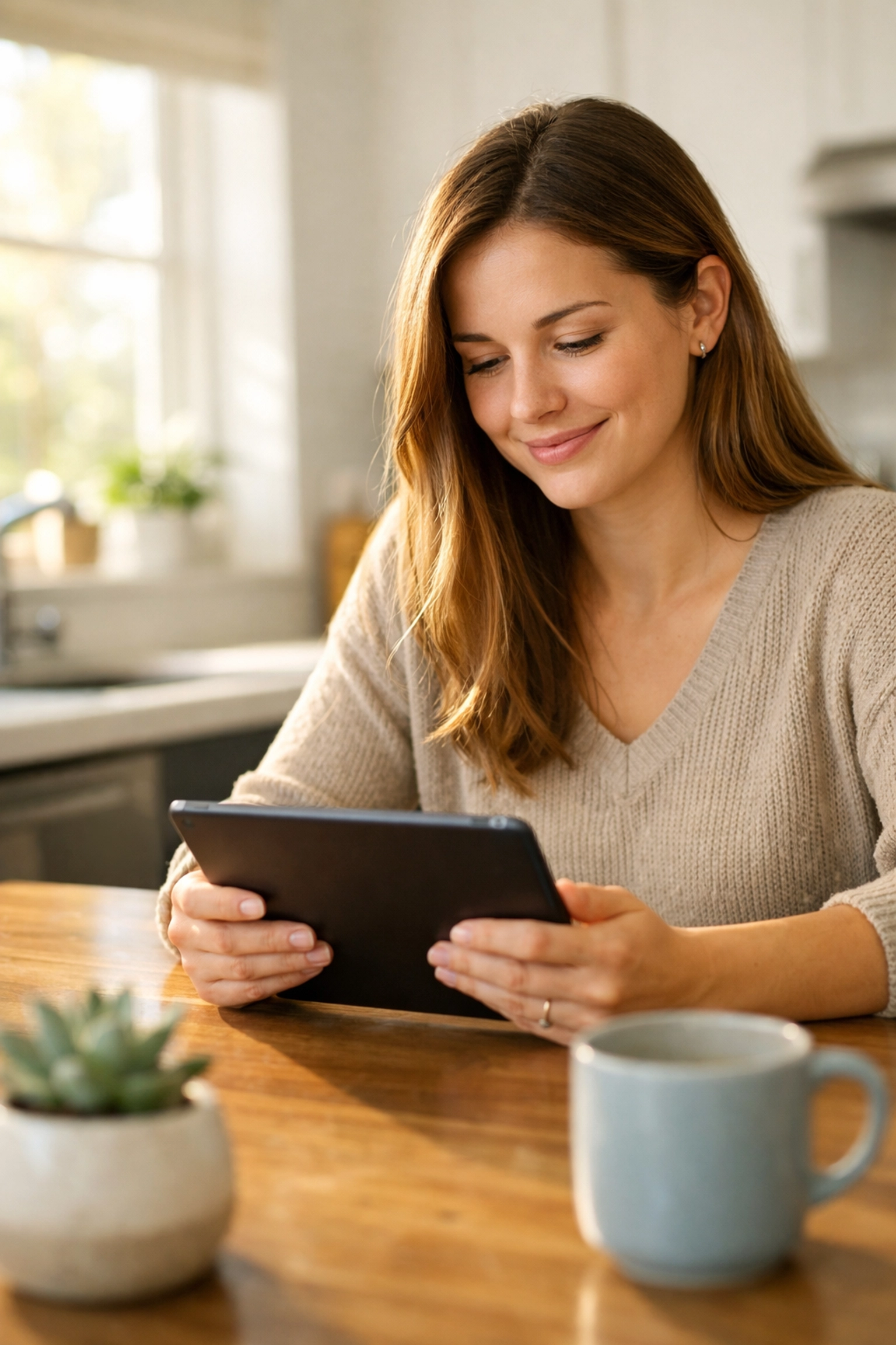 A Canadian woman smiling while checking her credit score report on a tablet in a sunny kitchen.