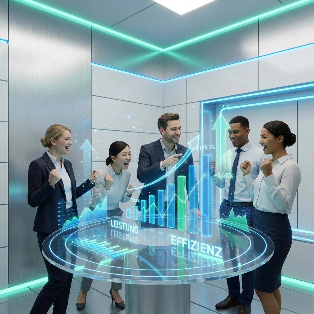 Kleines deutsches Team freut sich vor digitalen Erfolgsstatistiken während KI-Weiterbildung im Unternehmen